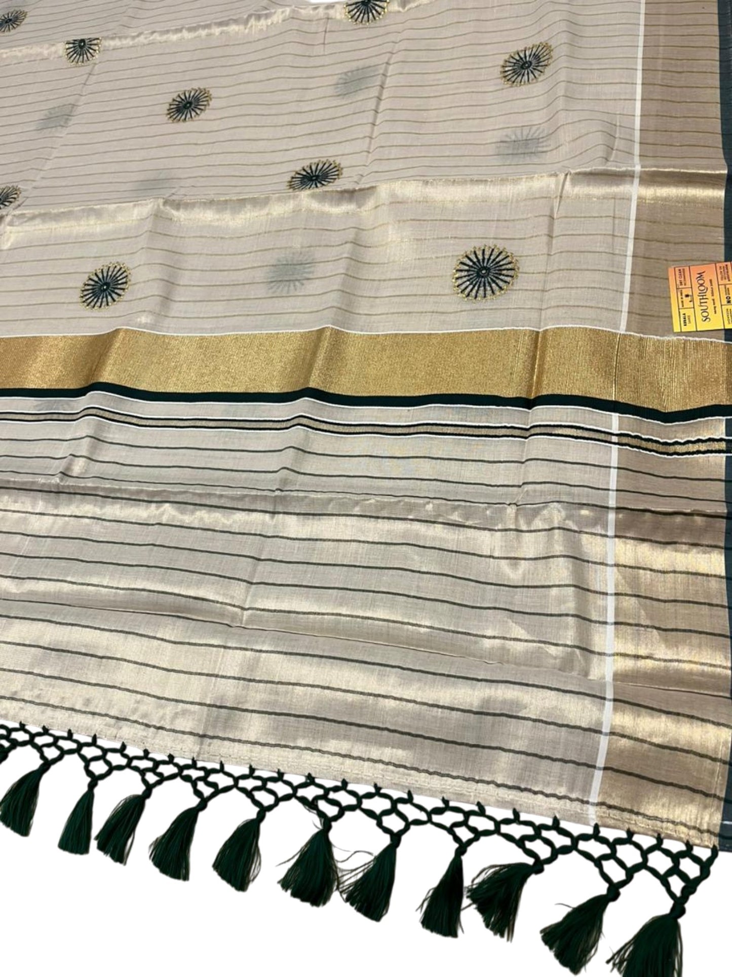 Southloom Kerala Tissue Kasavu Saree with Embroidery Works on Body in Green