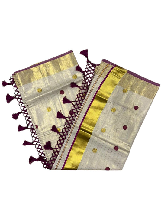 Southloom Kerala Tissue Kasavu Saree with Gold Polka Embroidery Works on Body in Magenta