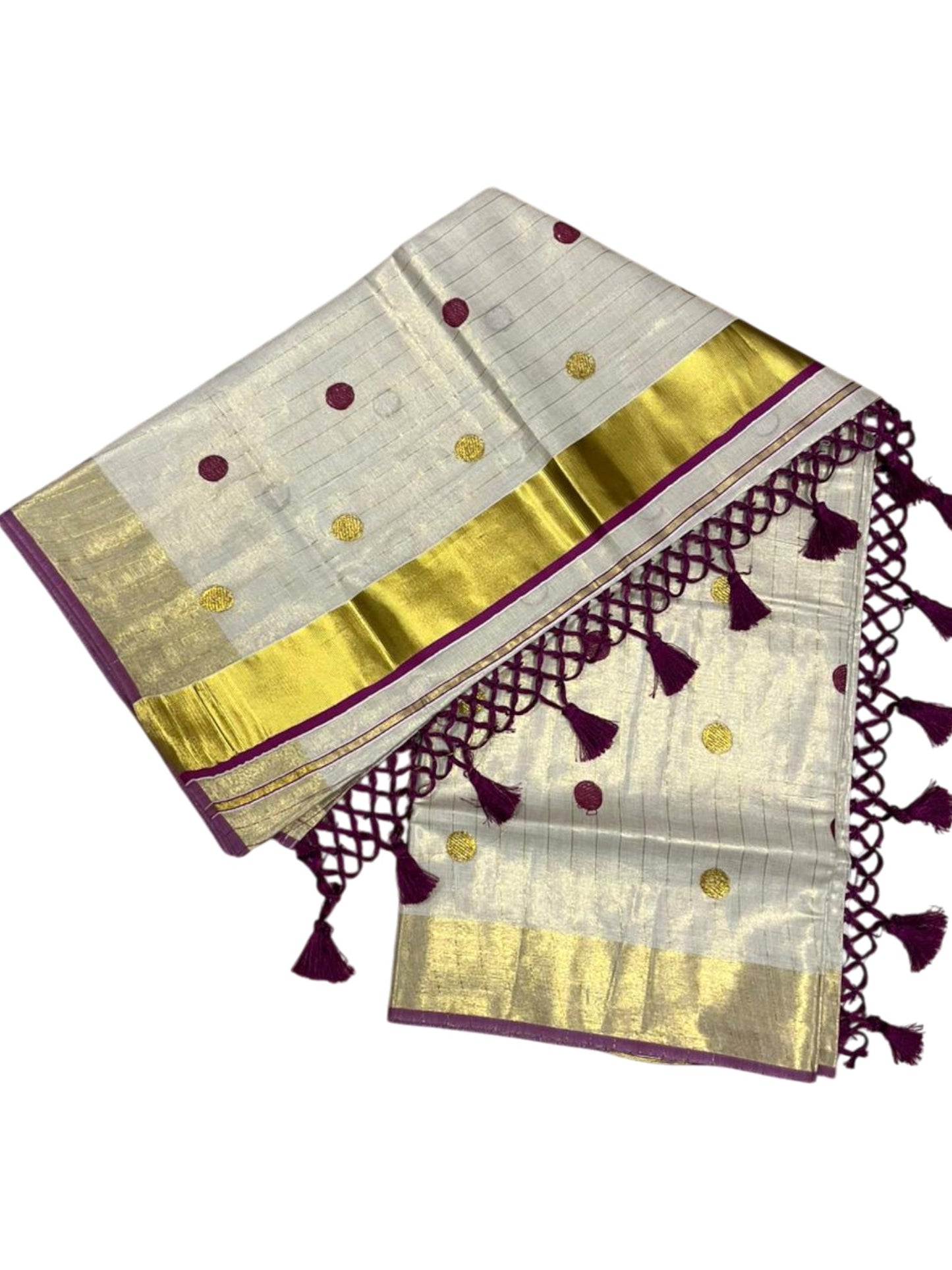 Southloom Kerala Tissue Kasavu Saree with Gold Polka Embroidery Works on Body in Magenta