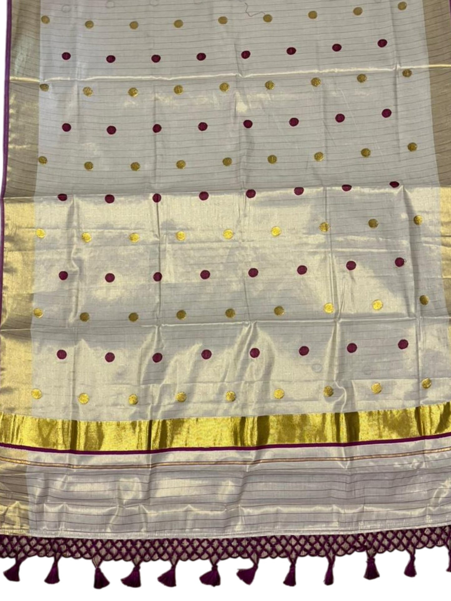 Southloom Kerala Tissue Kasavu Saree with Gold Polka Embroidery Works on Body in Magenta