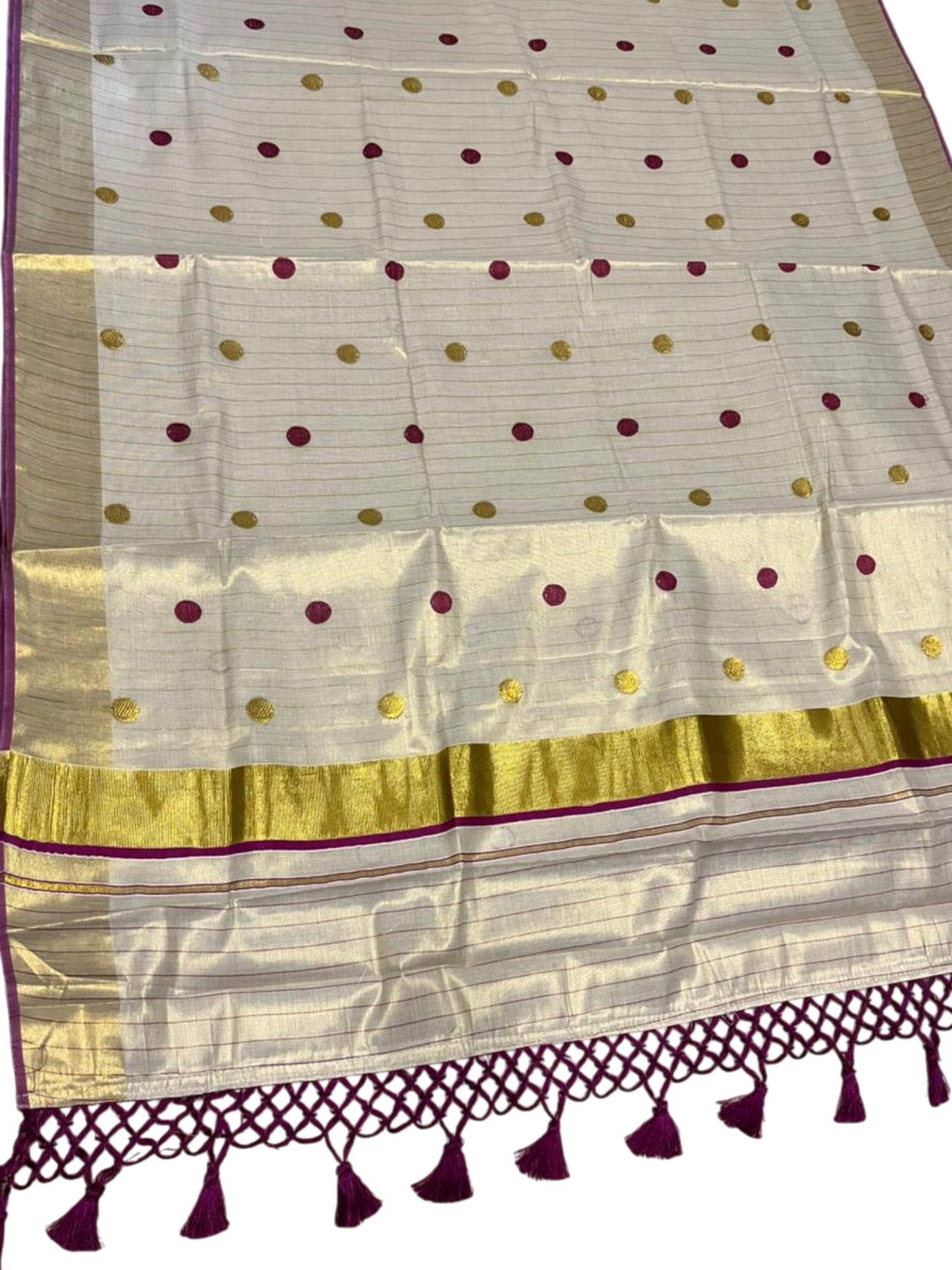 Southloom Kerala Tissue Kasavu Saree with Gold Polka Embroidery Works on Body in Magenta