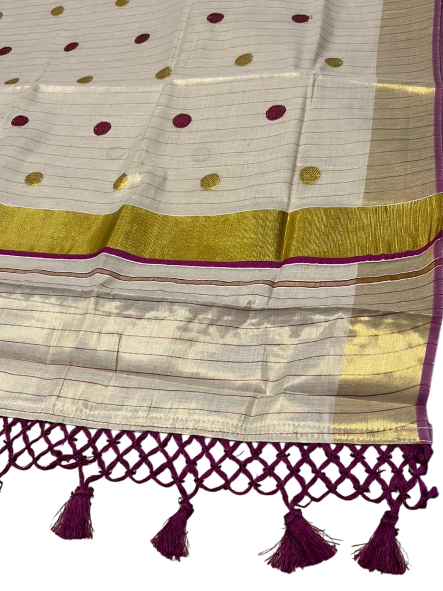 Southloom Kerala Tissue Kasavu Saree with Gold Polka Embroidery Works on Body in Magenta