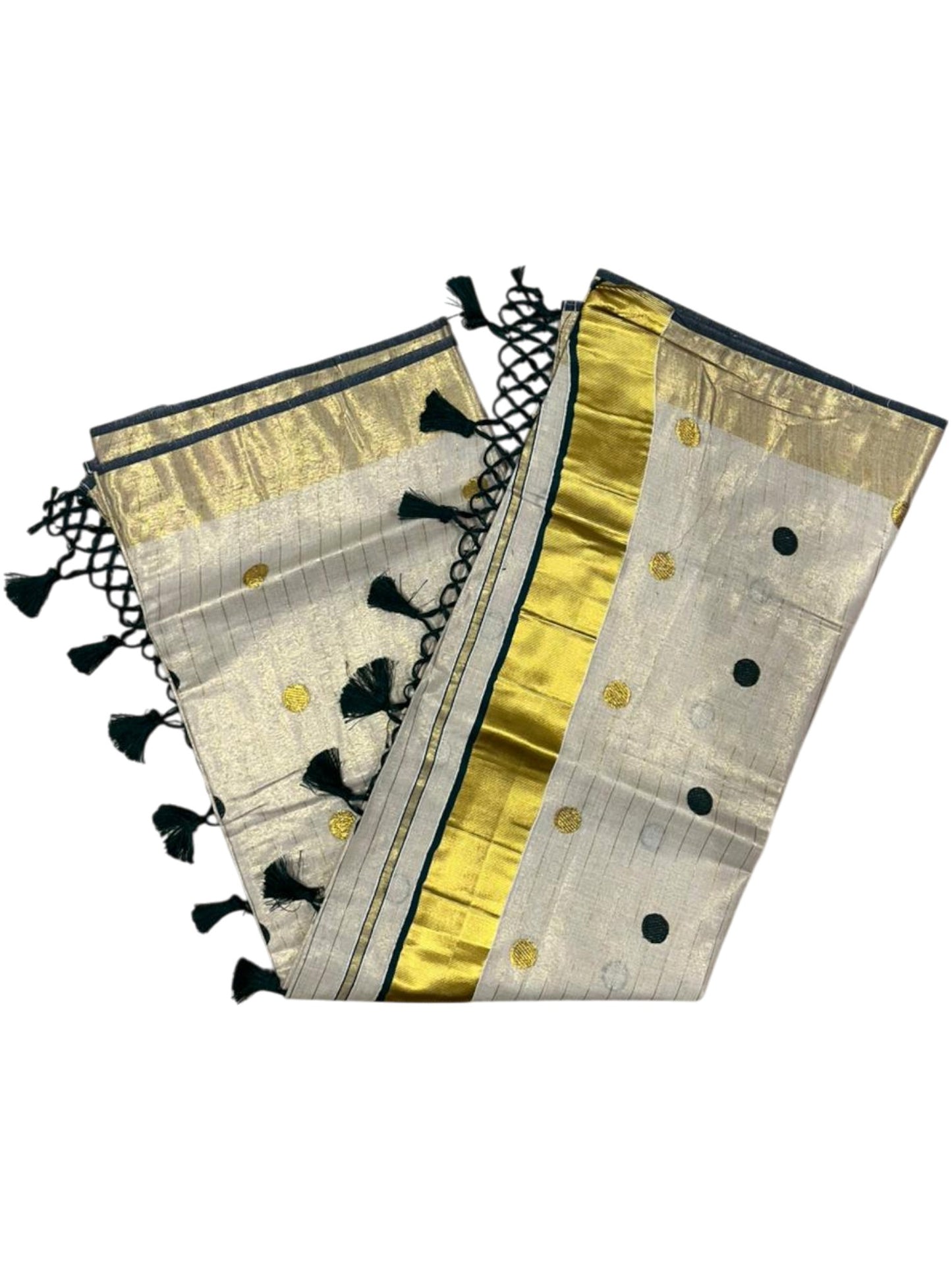Southloom Kerala Tissue Kasavu Saree with Gold Polka Embroidery Works on Body in Green