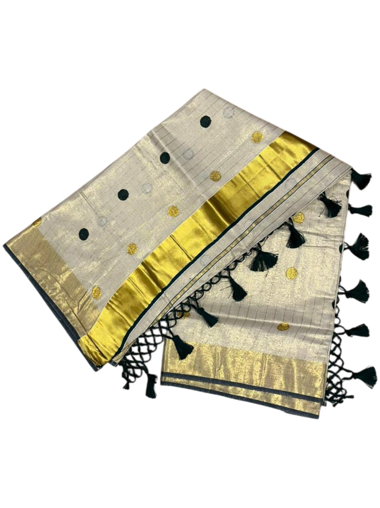 Southloom Kerala Tissue Kasavu Saree with Gold Polka Embroidery Works on Body in Green