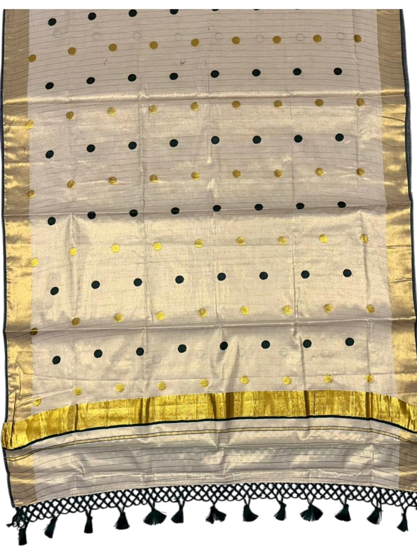 Southloom Kerala Tissue Kasavu Saree with Gold Polka Embroidery Works on Body in Green