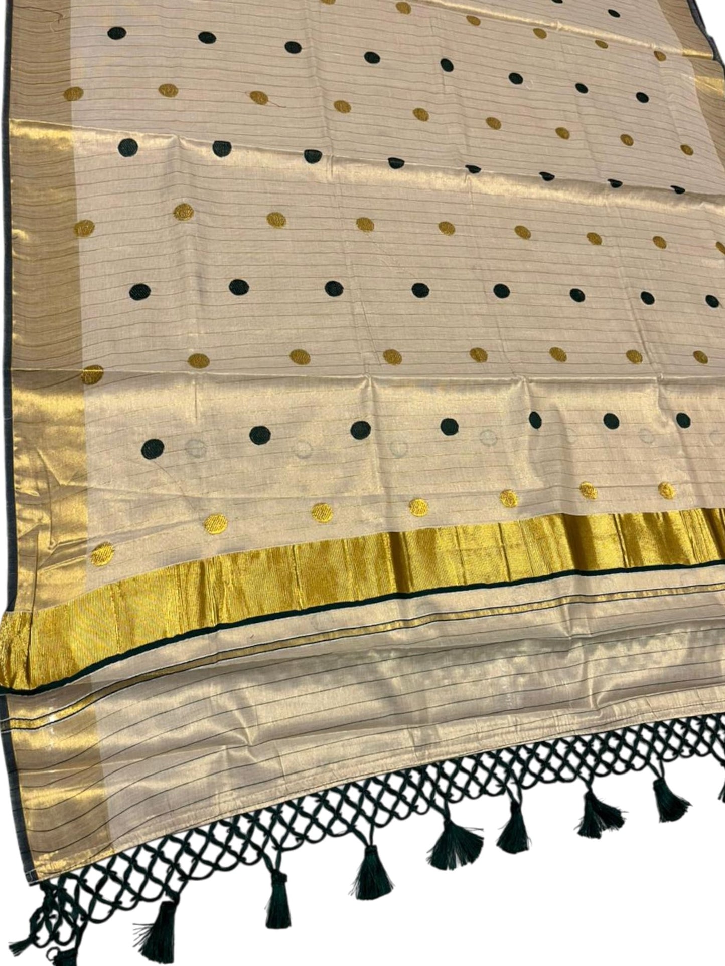 Southloom Kerala Tissue Kasavu Saree with Gold Polka Embroidery Works on Body in Green