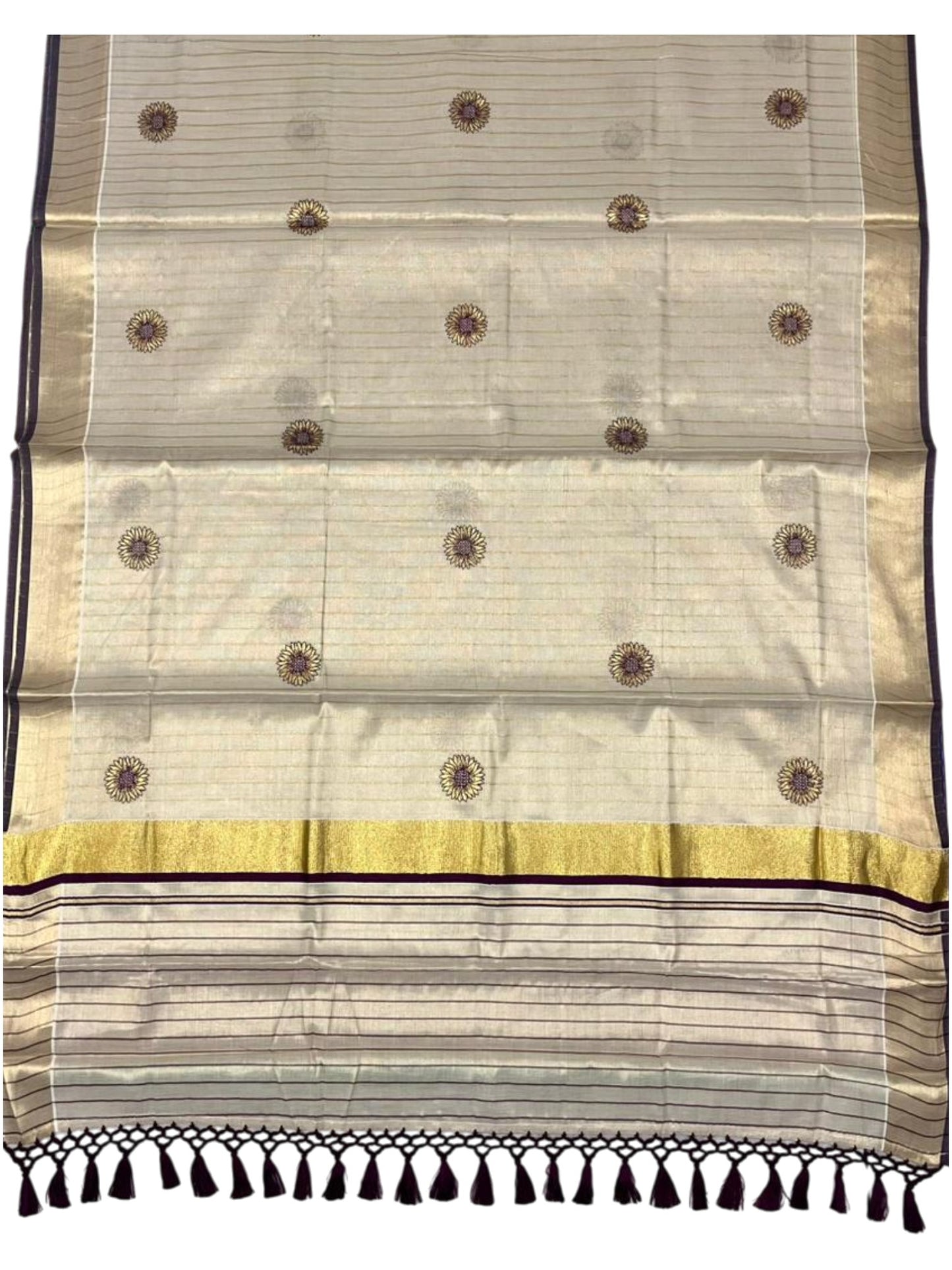 Southloom Kerala Tissue Kasavu Saree with Floral Embroidery Works on Body in Purple