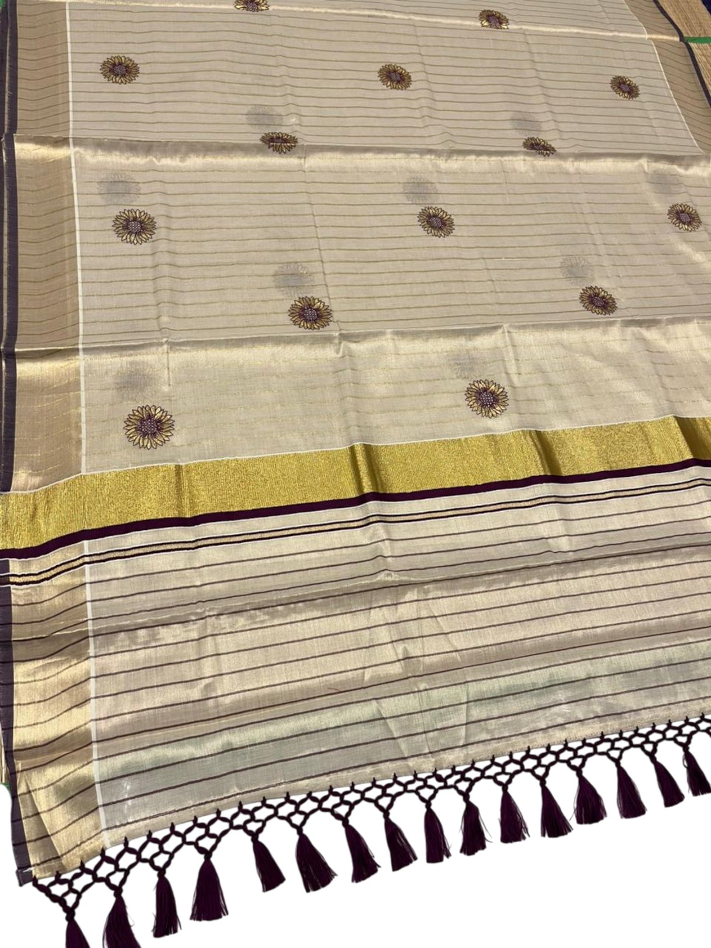 Southloom Kerala Tissue Kasavu Saree with Floral Embroidery Works on Body in Purple