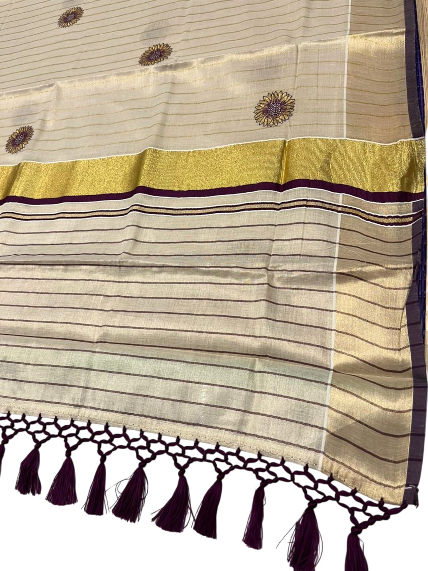 Southloom Kerala Tissue Kasavu Saree with Floral Embroidery Works on Body in Purple