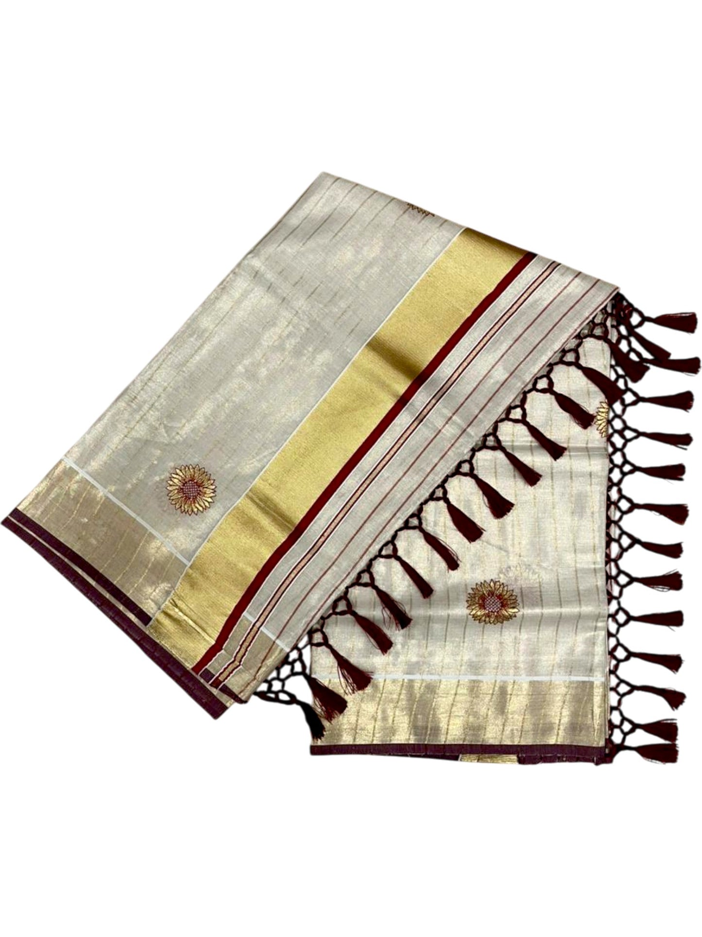 Southloom Kerala Tissue Kasavu Saree with Floral Embroidery Works on Body in Maroon