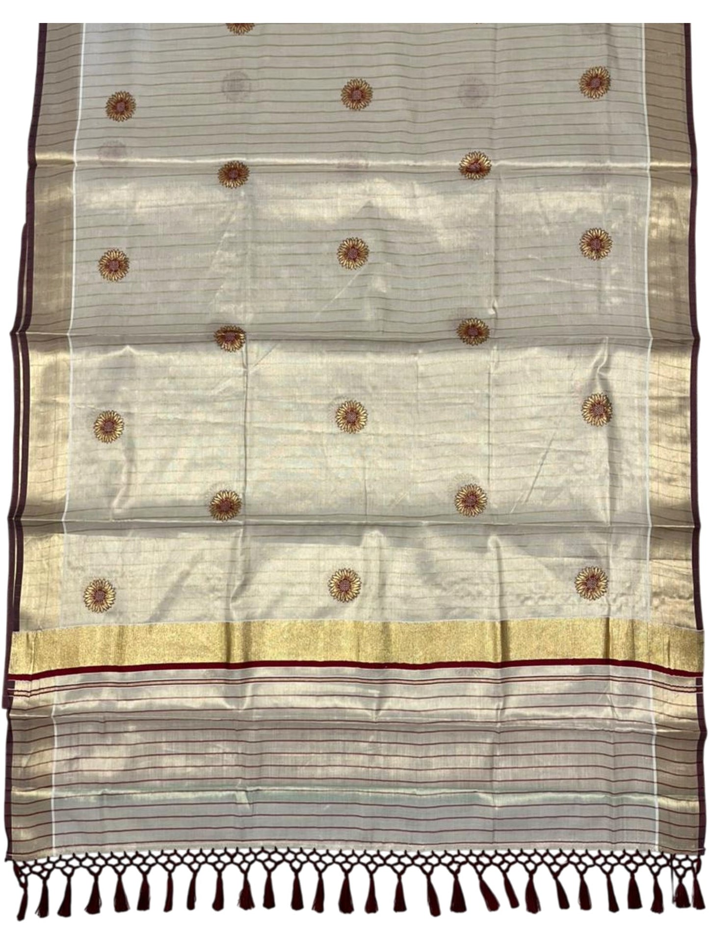 Southloom Kerala Tissue Kasavu Saree with Floral Embroidery Works on Body in Maroon