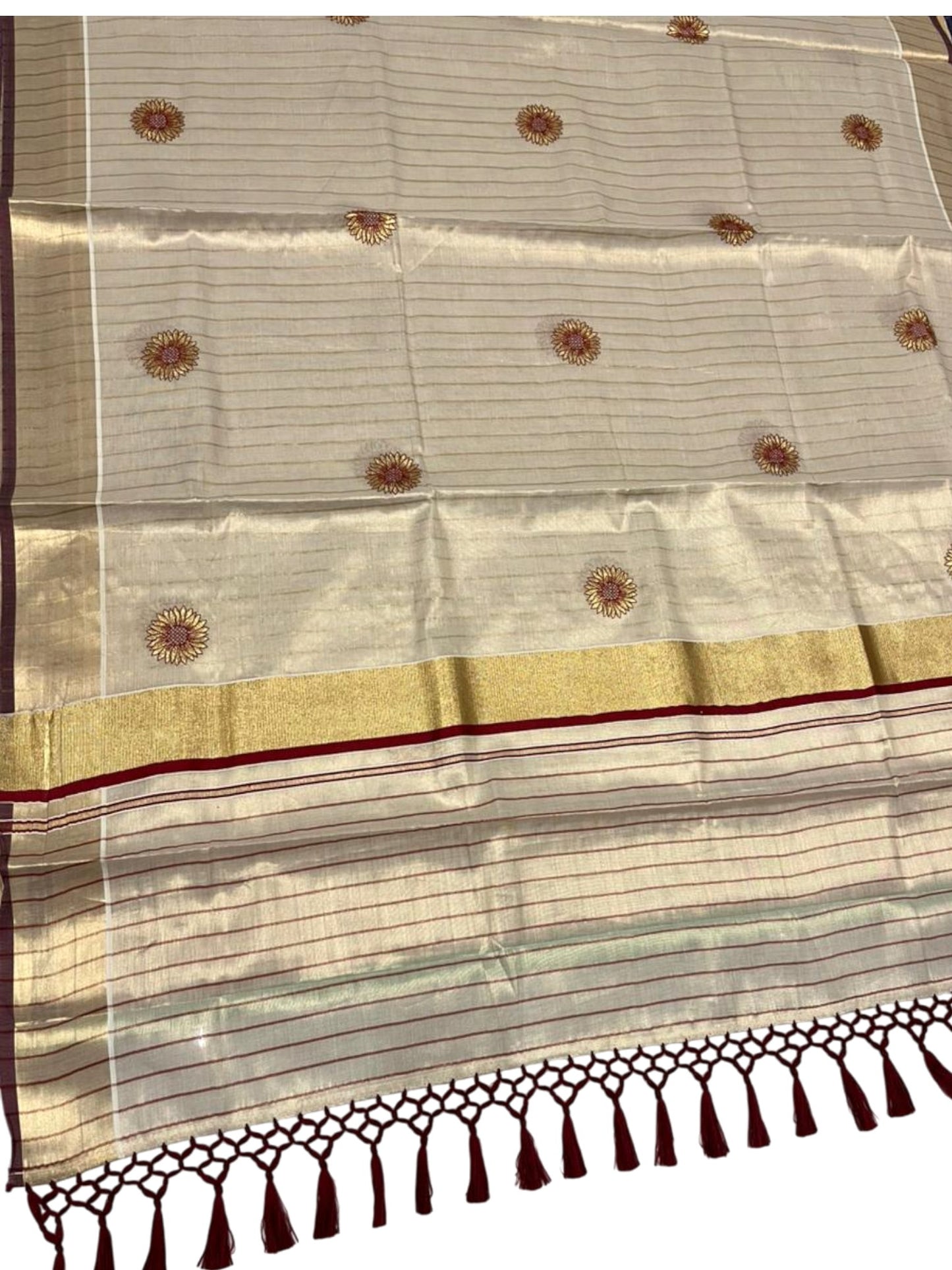 Southloom Kerala Tissue Kasavu Saree with Floral Embroidery Works on Body in Maroon