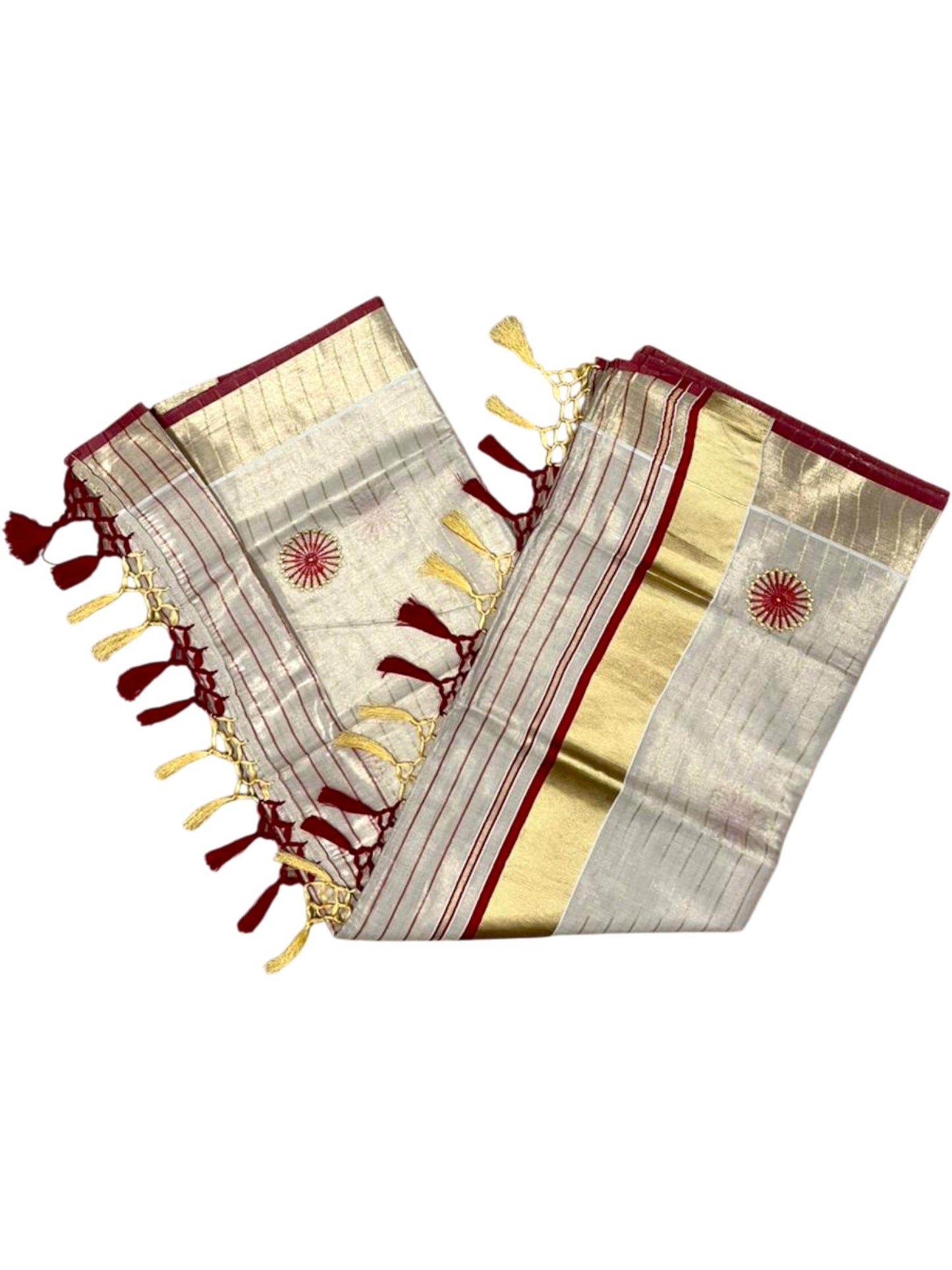 Southloom Kerala Tissue Kasavu Saree with Floral Embroidery Works on Body in Red