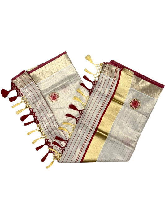Southloom Kerala Tissue Kasavu Saree with Floral Embroidery Works on Body in Red