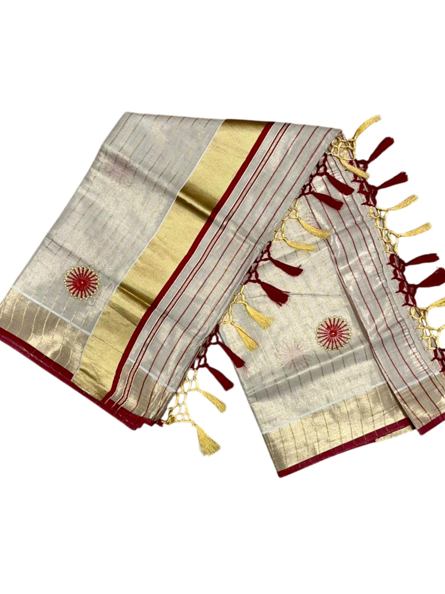 Southloom Kerala Tissue Kasavu Saree with Floral Embroidery Works on Body in Red