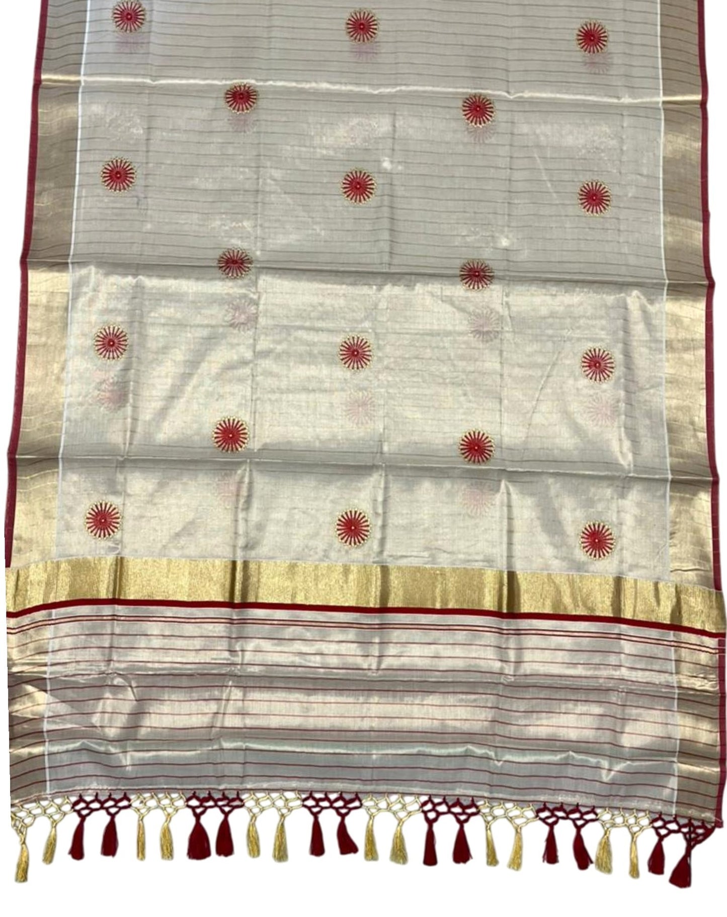 Southloom Kerala Tissue Kasavu Saree with Floral Embroidery Works on Body in Red