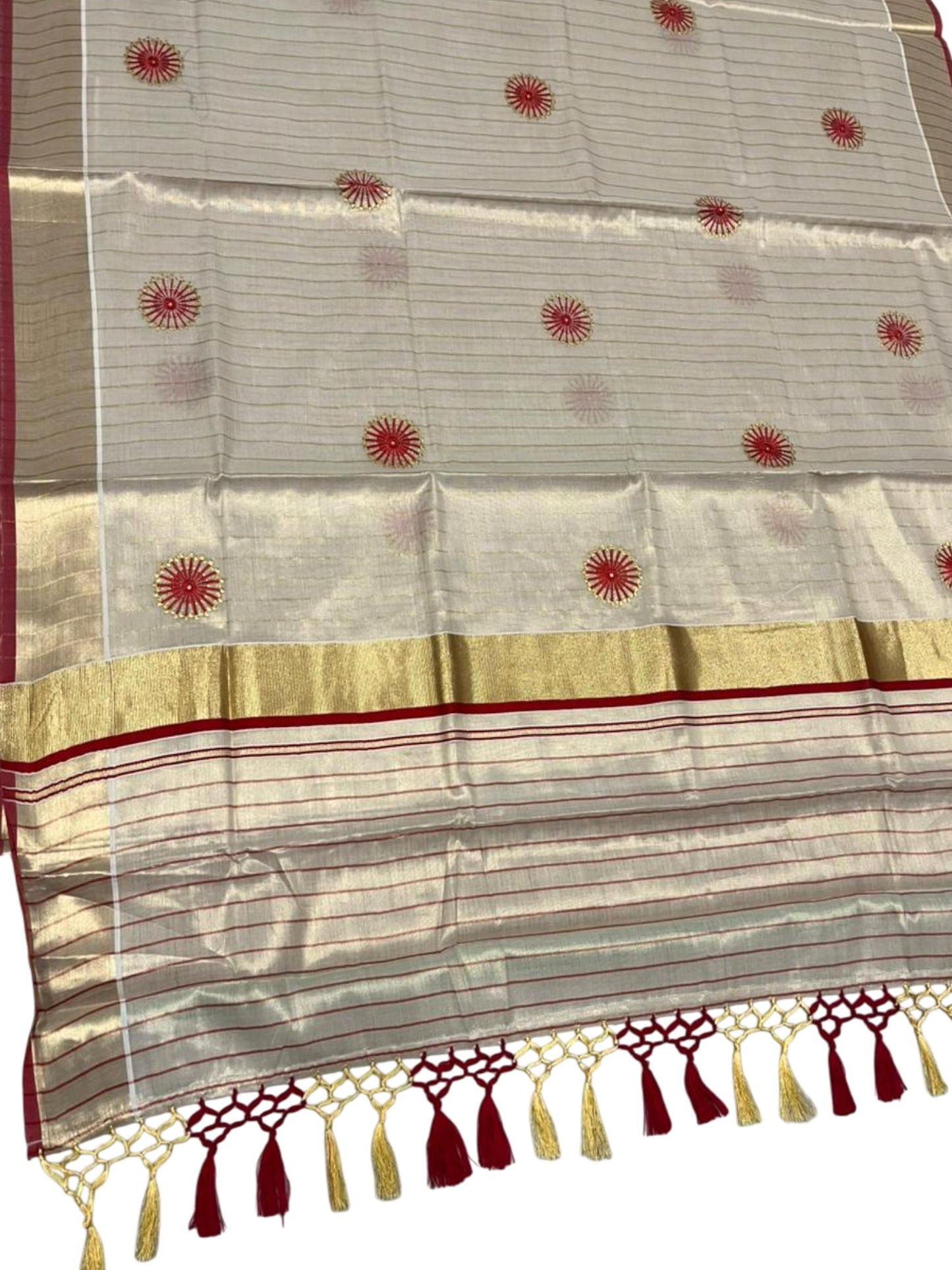 Southloom Kerala Tissue Kasavu Saree with Floral Embroidery Works on Body in Red