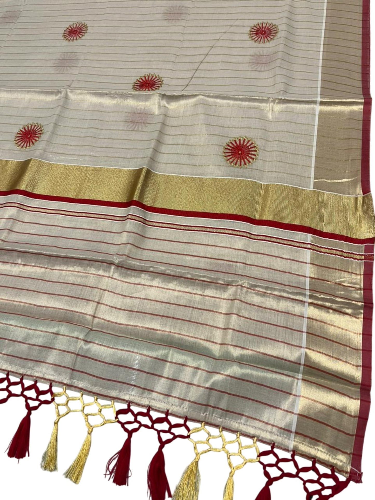 Southloom Kerala Tissue Kasavu Saree with Floral Embroidery Works on Body in Red