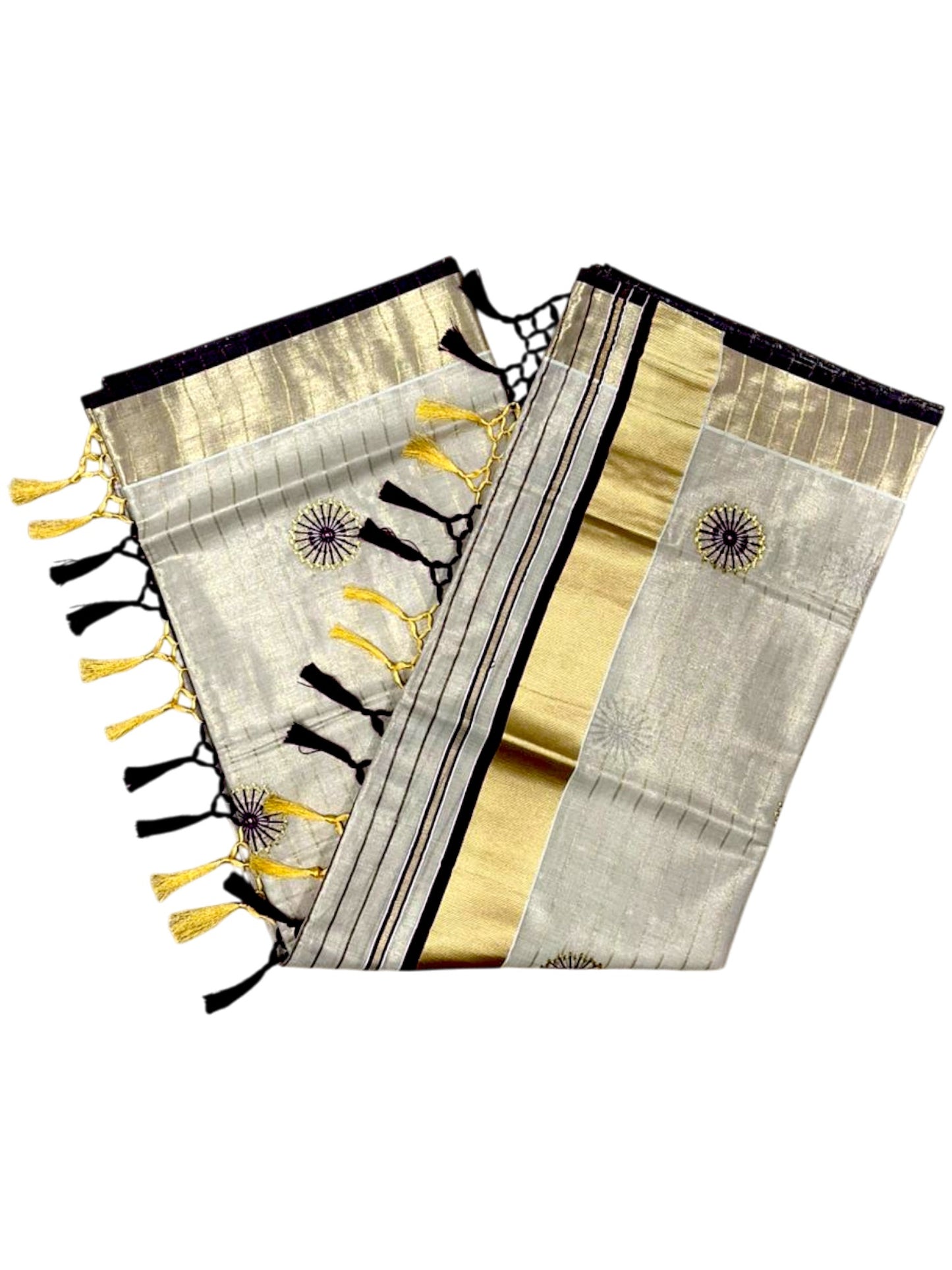 Southloom Kerala Tissue Kasavu Saree with Embroidery Works on Body in Purple