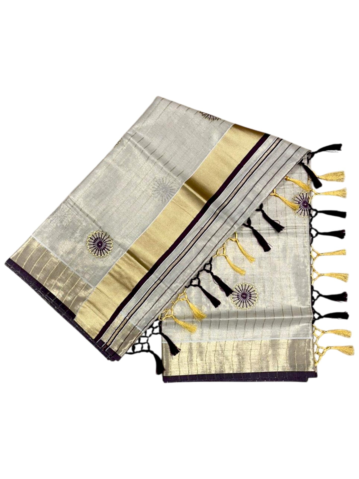 Southloom Kerala Tissue Kasavu Saree with Embroidery Works on Body in Purple