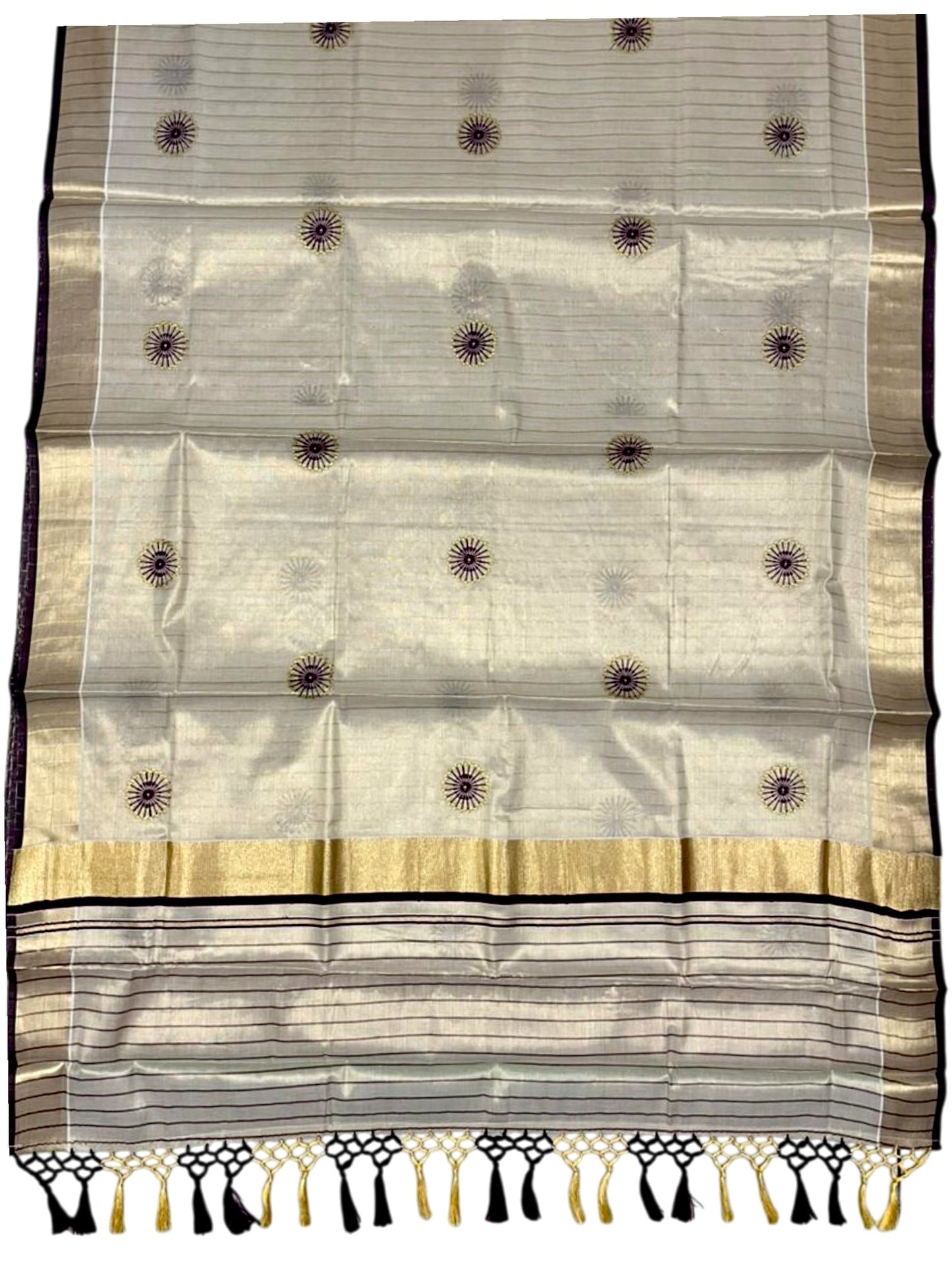 Southloom Kerala Tissue Kasavu Saree with Embroidery Works on Body in Purple