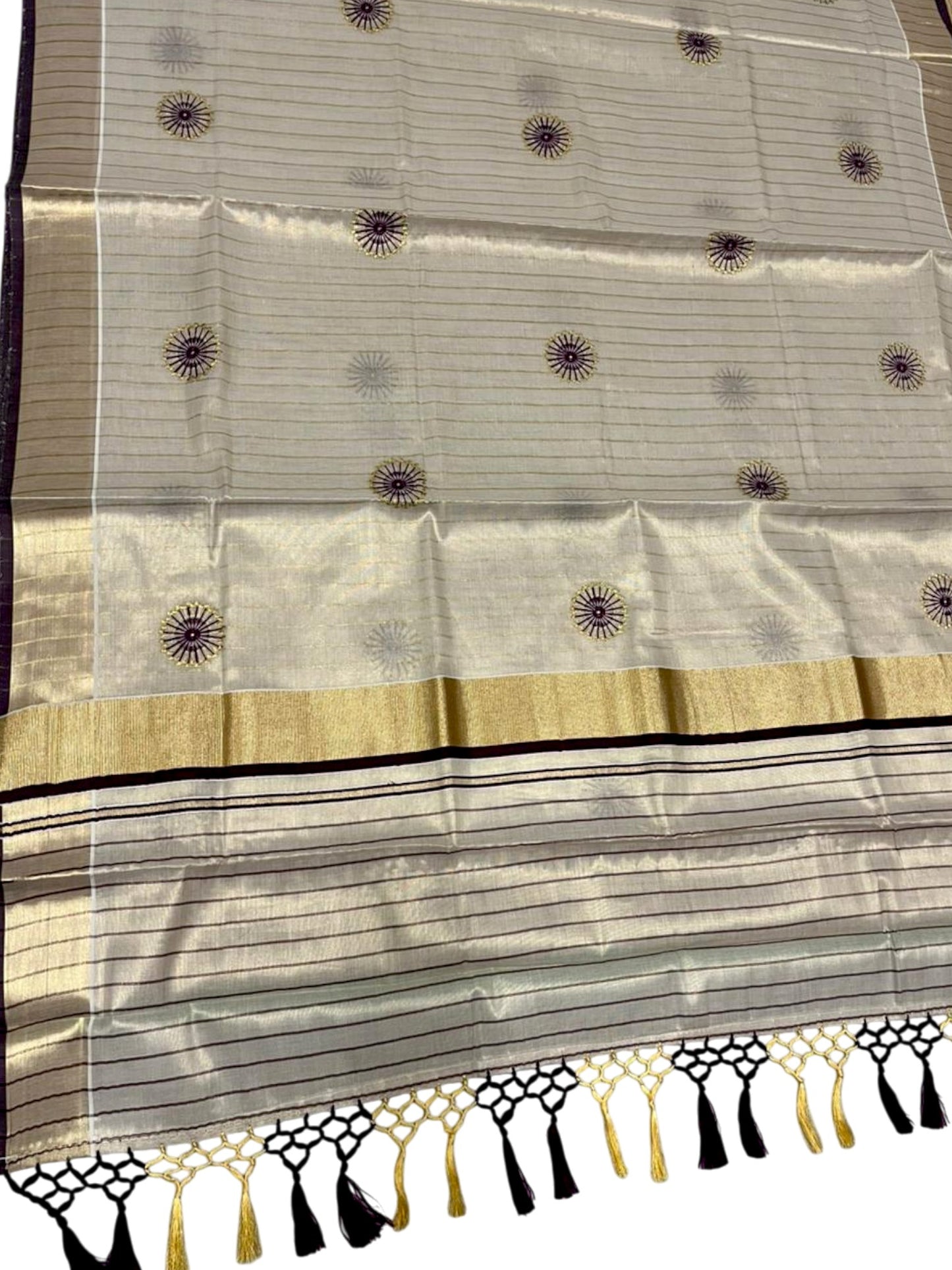 Southloom Kerala Tissue Kasavu Saree with Embroidery Works on Body in Purple