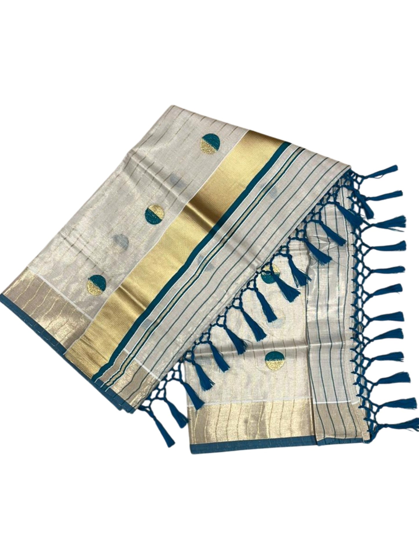 Southloom Kerala Tissue Kasavu Saree with Polka Embroidery Works on Body in Turquoise