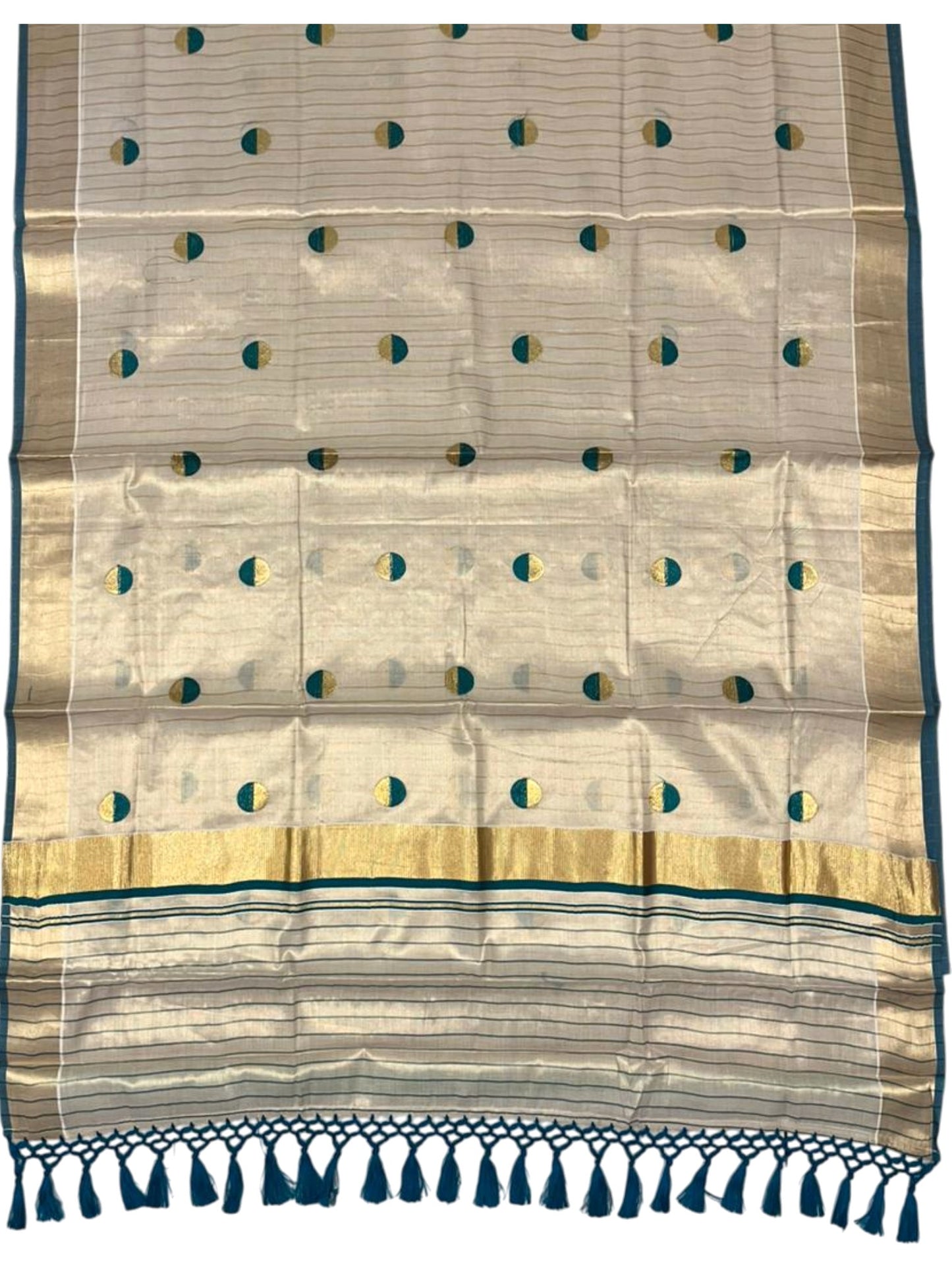 Southloom Kerala Tissue Kasavu Saree with Polka Embroidery Works on Body in Turquoise