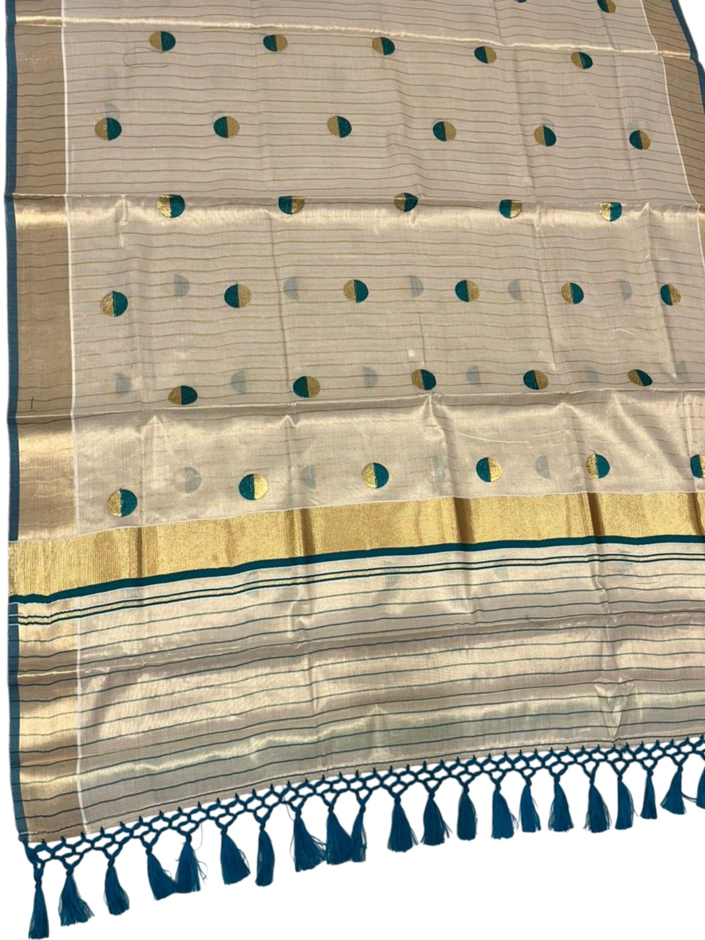 Southloom Kerala Tissue Kasavu Saree with Polka Embroidery Works on Body in Turquoise
