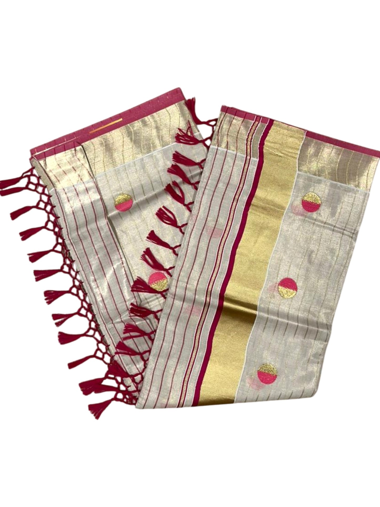 Southloom Kerala Tissue Kasavu Saree with Polka Embroidery Works on Body in Pink