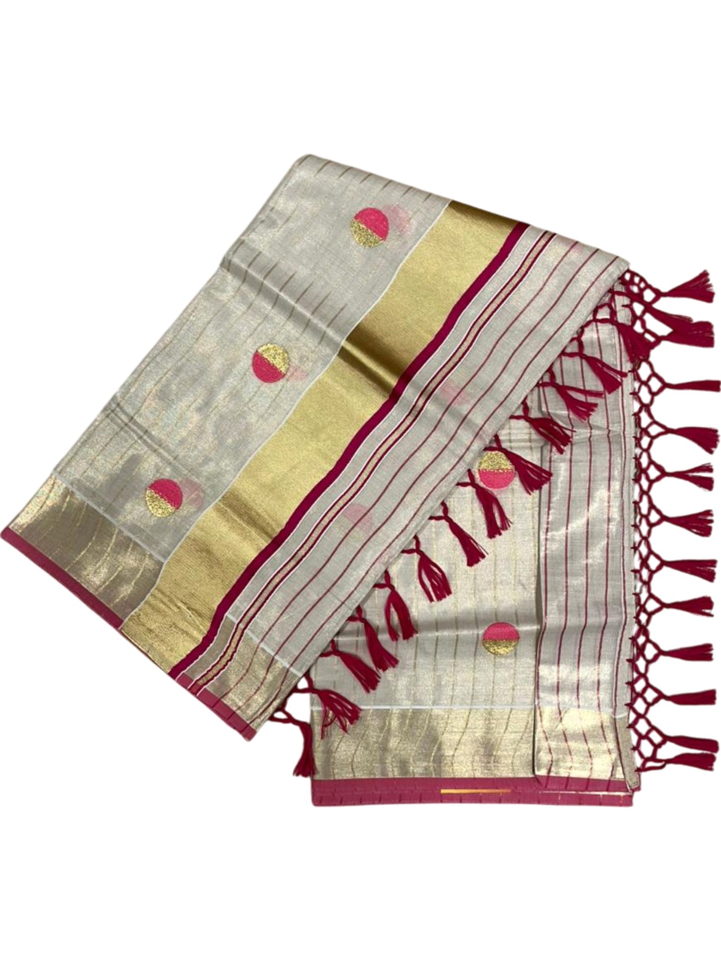 Southloom Kerala Tissue Kasavu Saree with Polka Embroidery Works on Body in Pink