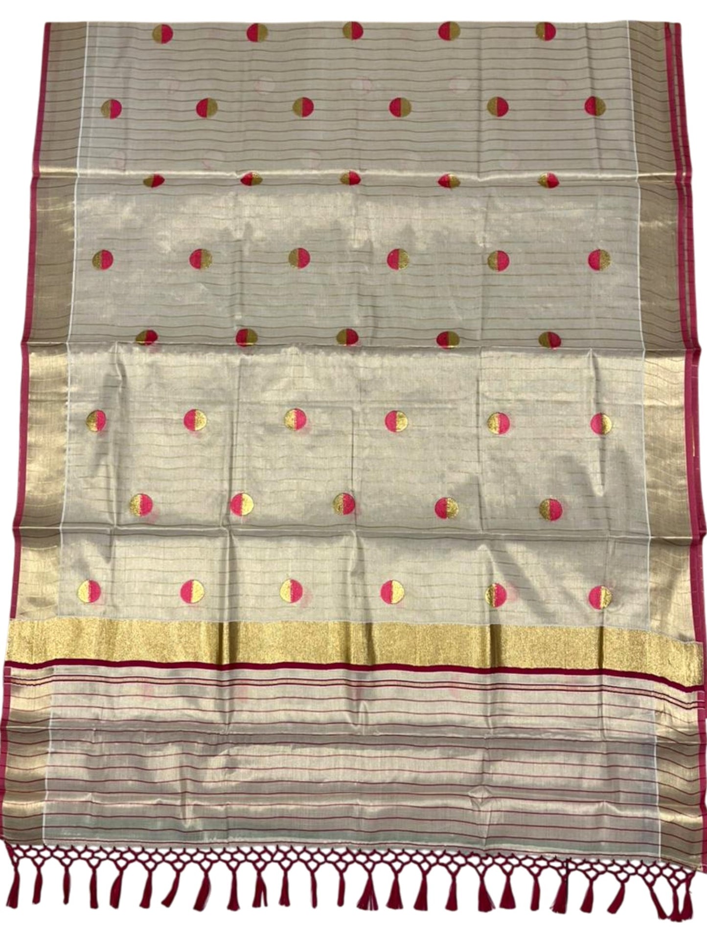 Southloom Kerala Tissue Kasavu Saree with Polka Embroidery Works on Body in Pink