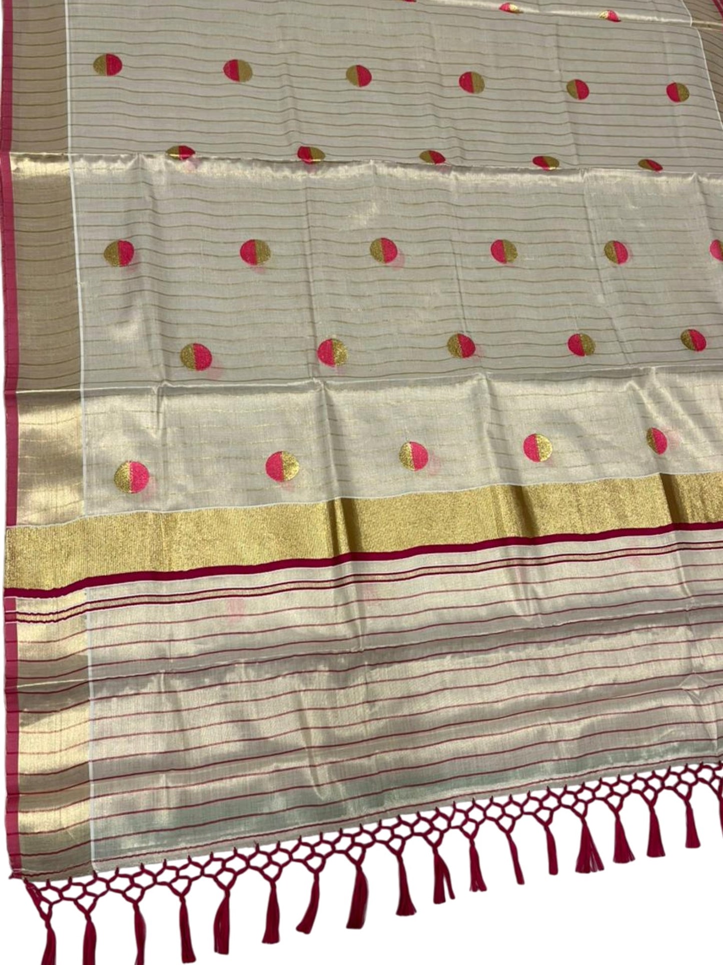 Southloom Kerala Tissue Kasavu Saree with Polka Embroidery Works on Body in Pink