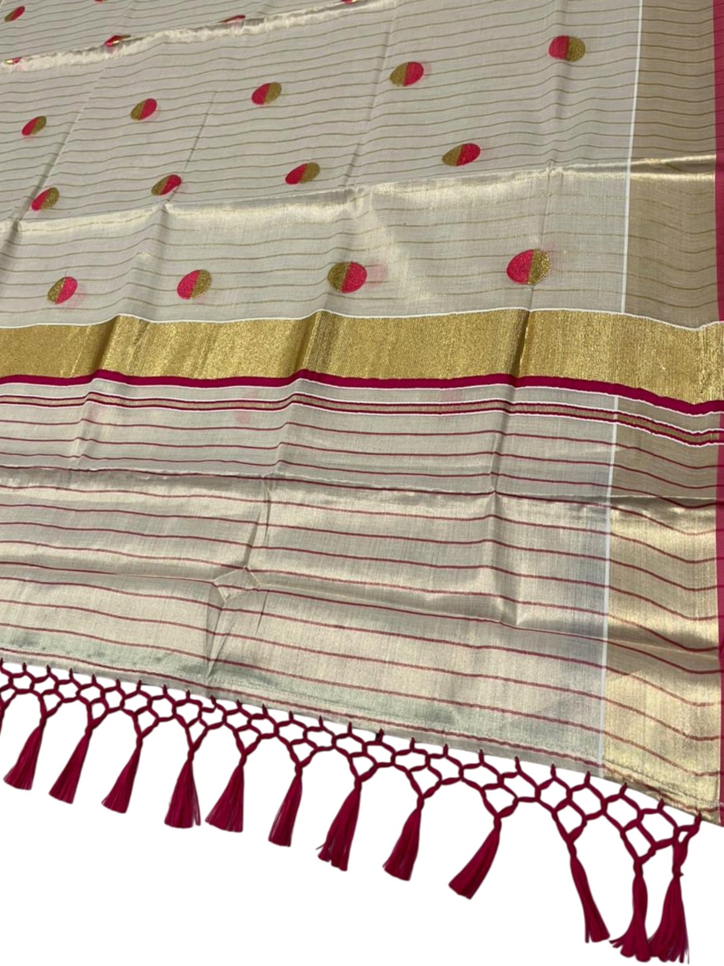 Southloom Kerala Tissue Kasavu Saree with Polka Embroidery Works on Body in Pink