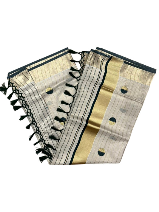 Southloom Kerala Tissue Kasavu Saree with Polka Embroidery Works on Body in Green