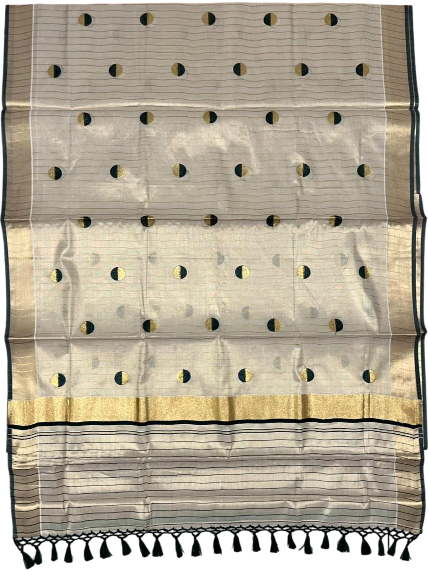 Southloom Kerala Tissue Kasavu Saree with Polka Embroidery Works on Body in Green
