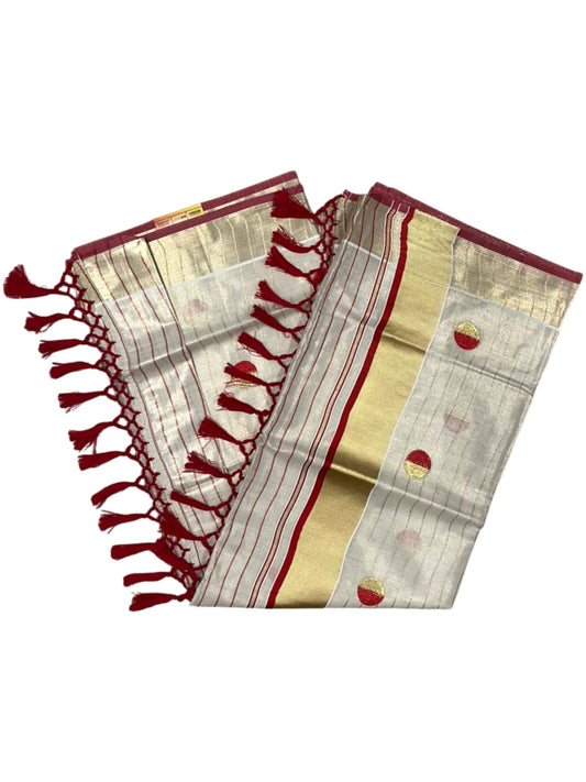 Southloom Kerala Tissue Kasavu Saree with Polka Embroidery Works on Body in Red