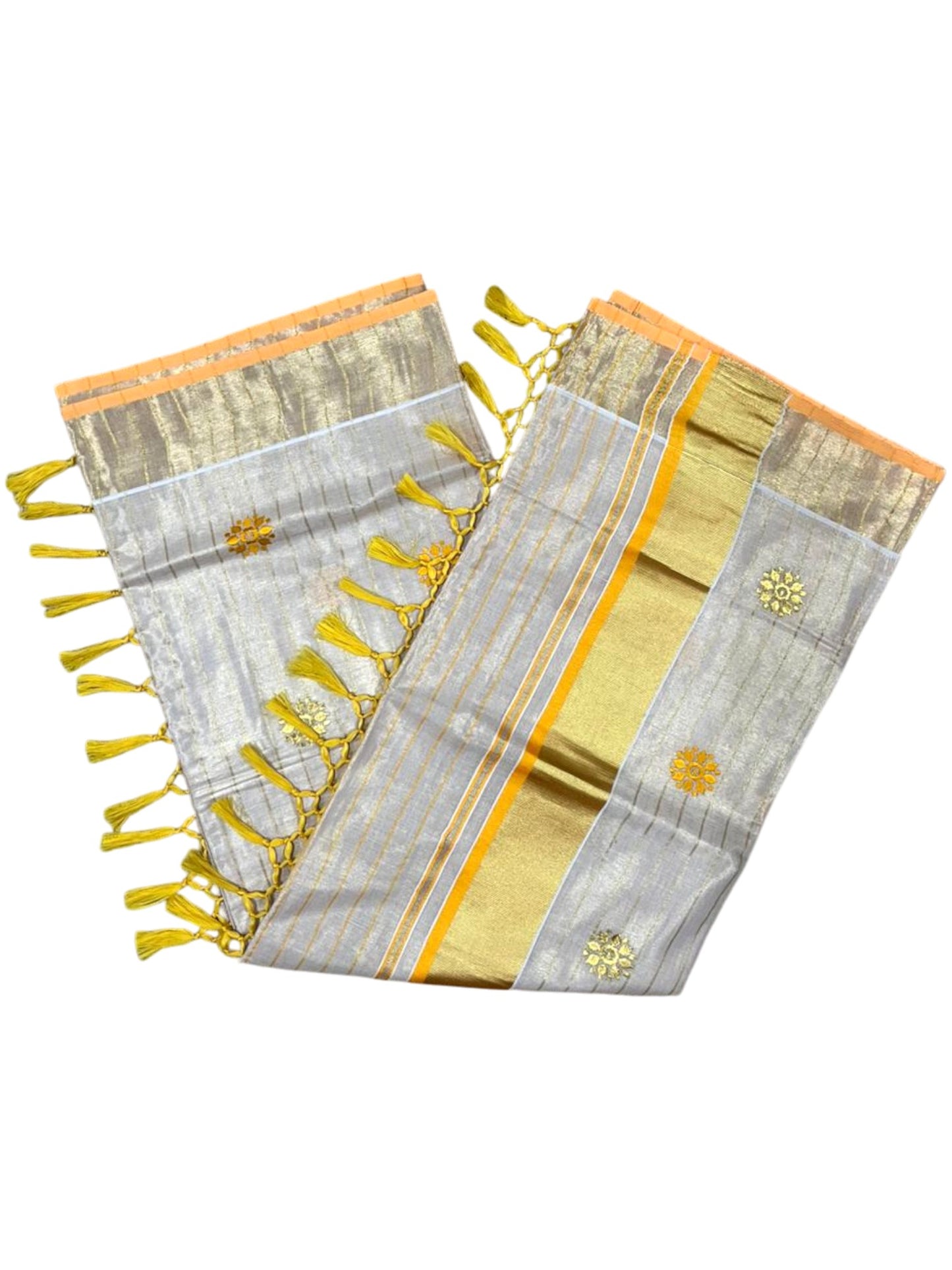 Kerala Tissue Lines Saree With Floral Embroidery Work on The Body In Yellow SL312