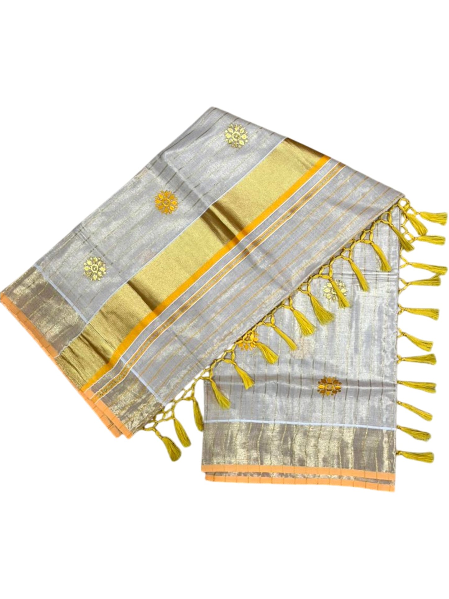 Kerala Tissue Lines Saree With Floral Embroidery Work on The Body In Yellow SL312