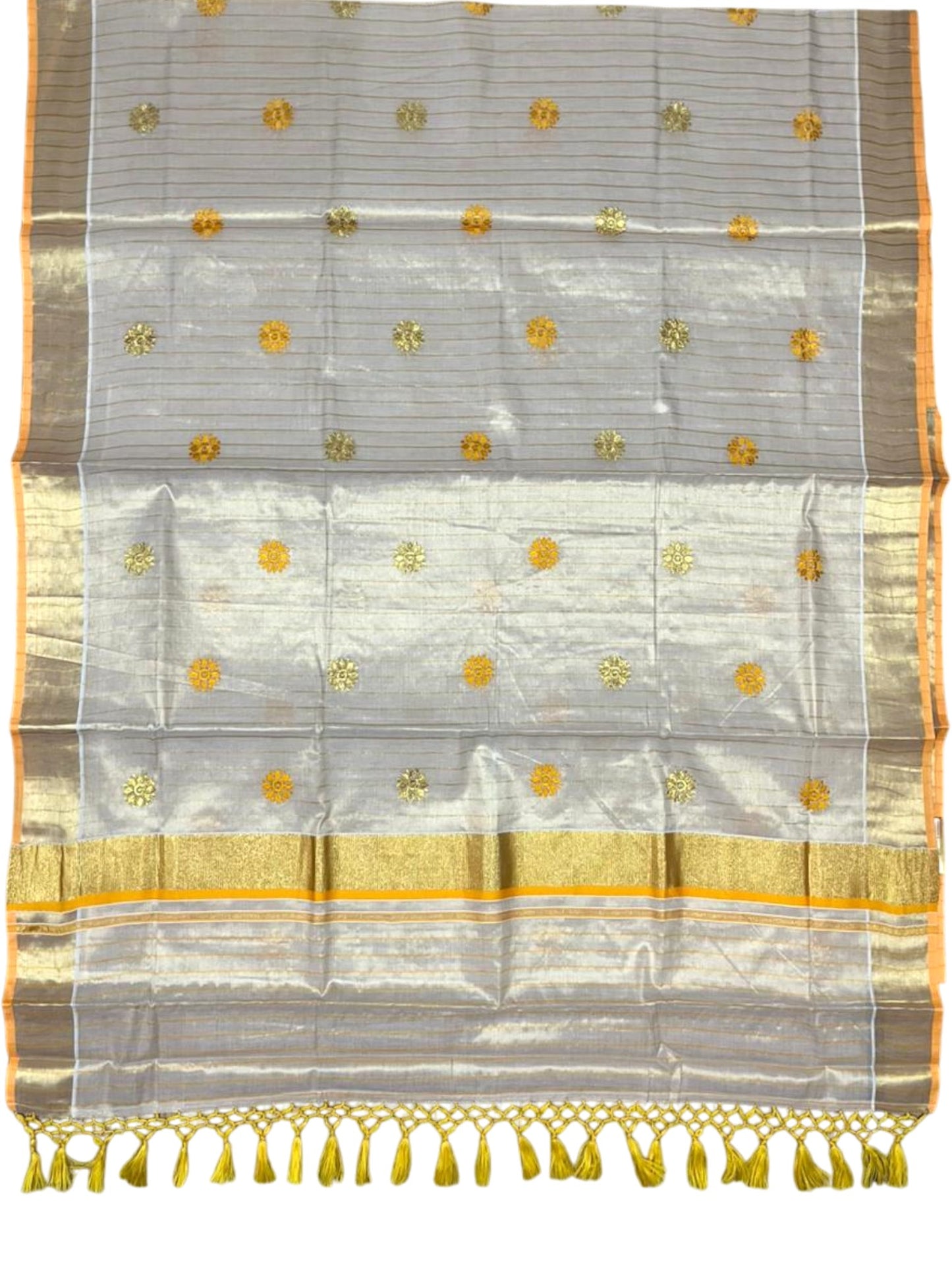 Kerala Tissue Lines Saree With Floral Embroidery Work on The Body In Yellow SL312