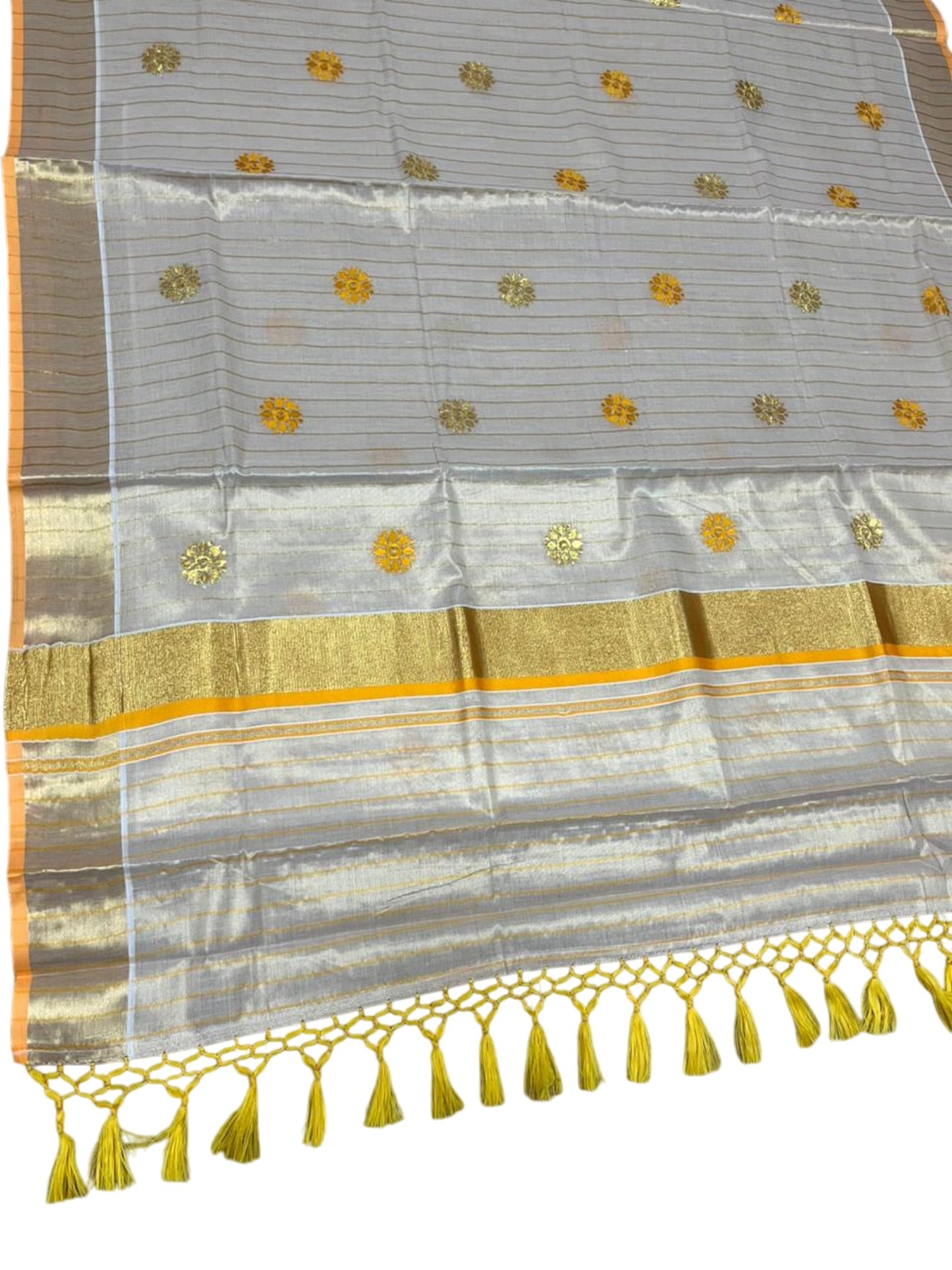 Kerala Tissue Lines Saree With Floral Embroidery Work on The Body In Yellow SL312
