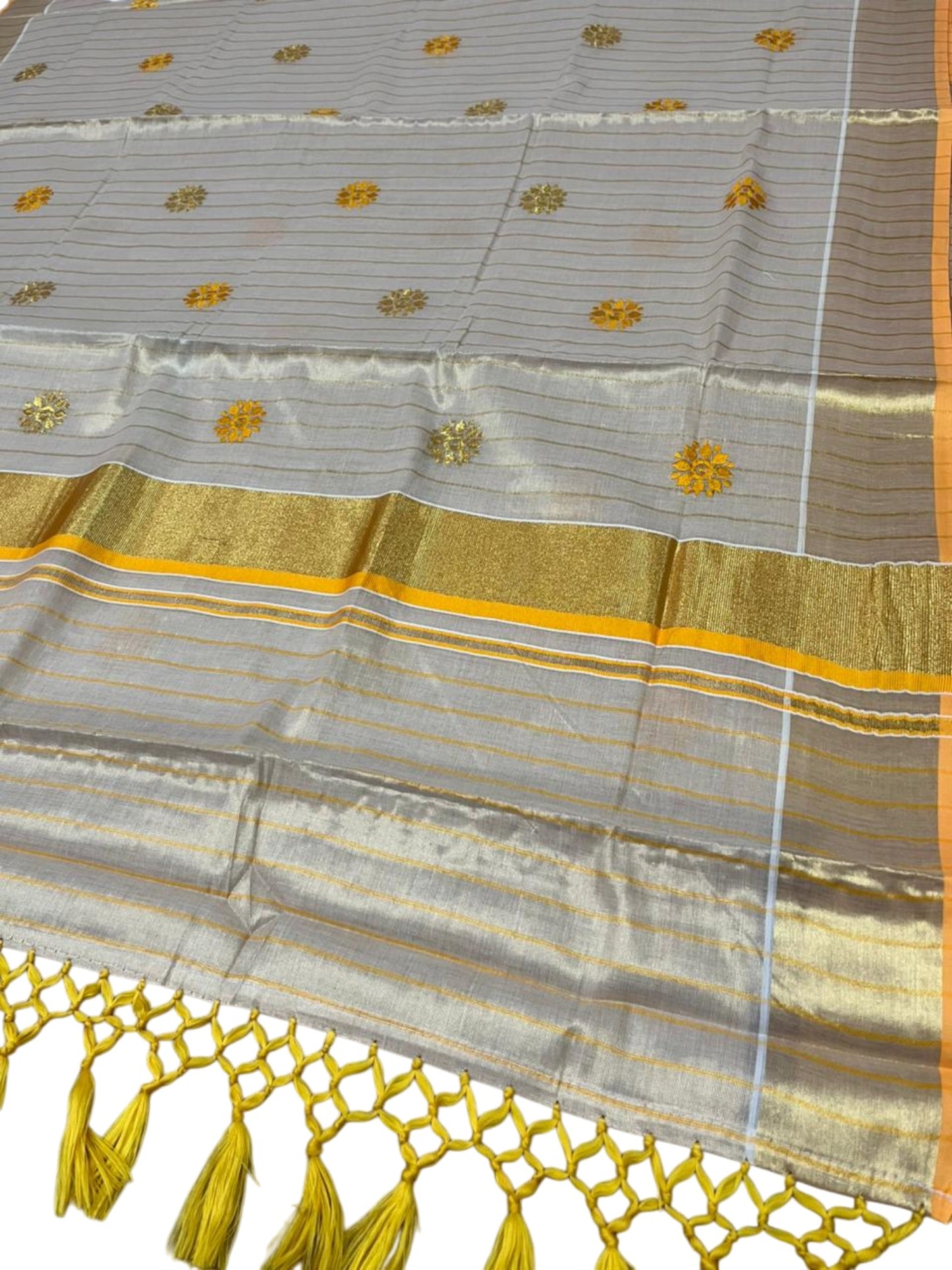 Kerala Tissue Lines Saree With Floral Embroidery Work on The Body In Yellow SL312
