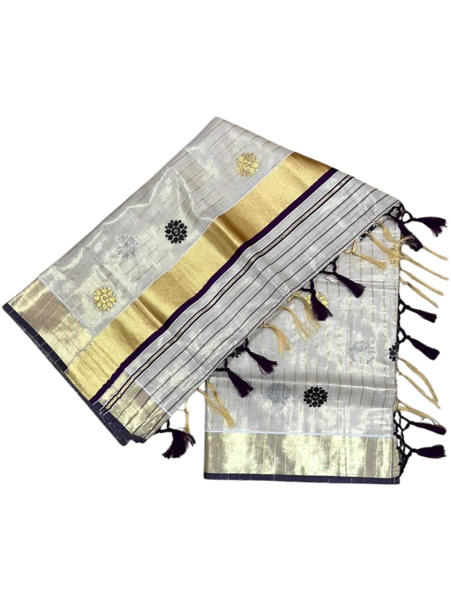 Kerala Tissue Lines Saree With Floral Embroidery Work on The Body In Purple SL312