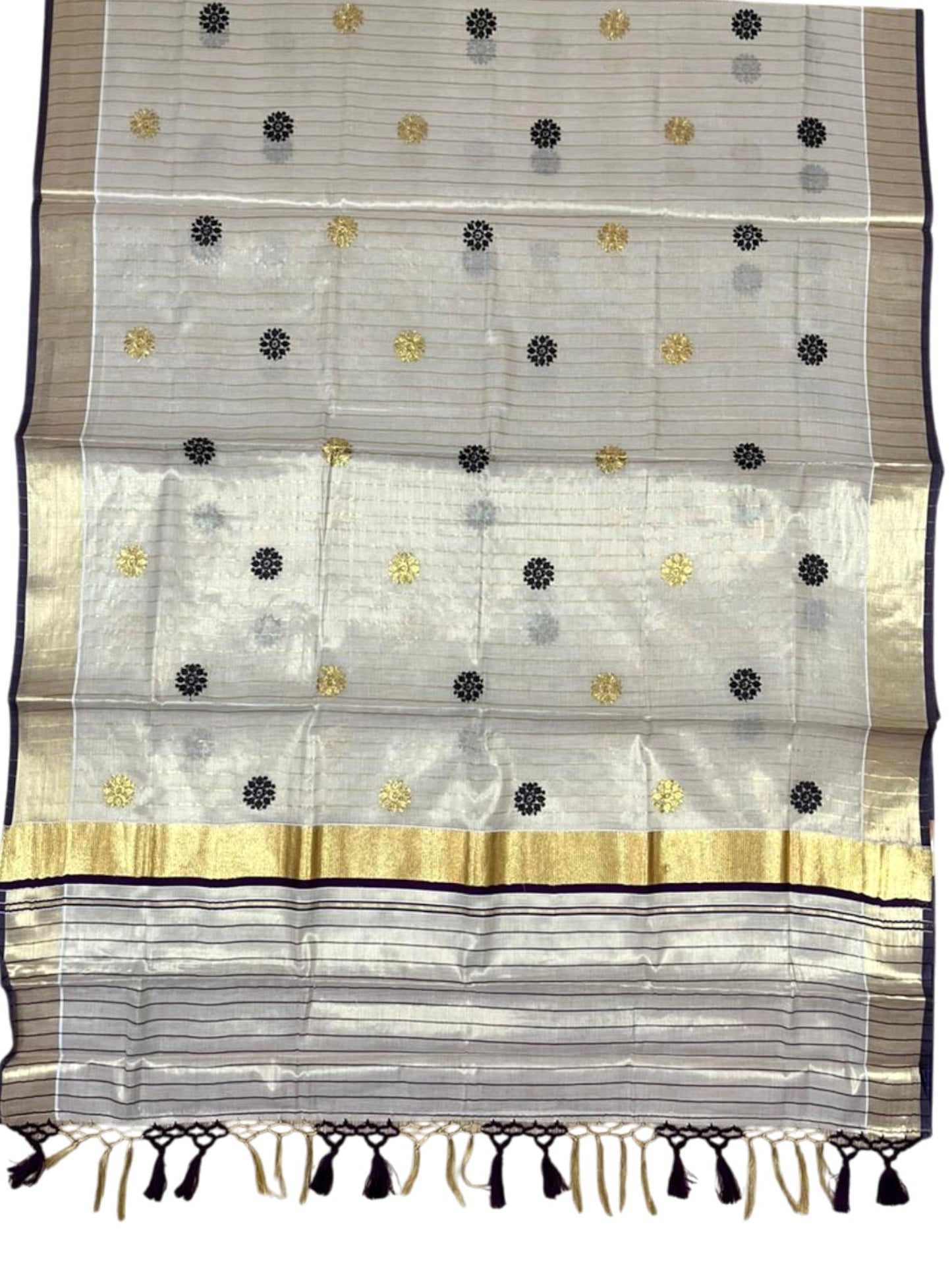 Kerala Tissue Lines Saree With Floral Embroidery Work on The Body In Purple SL312