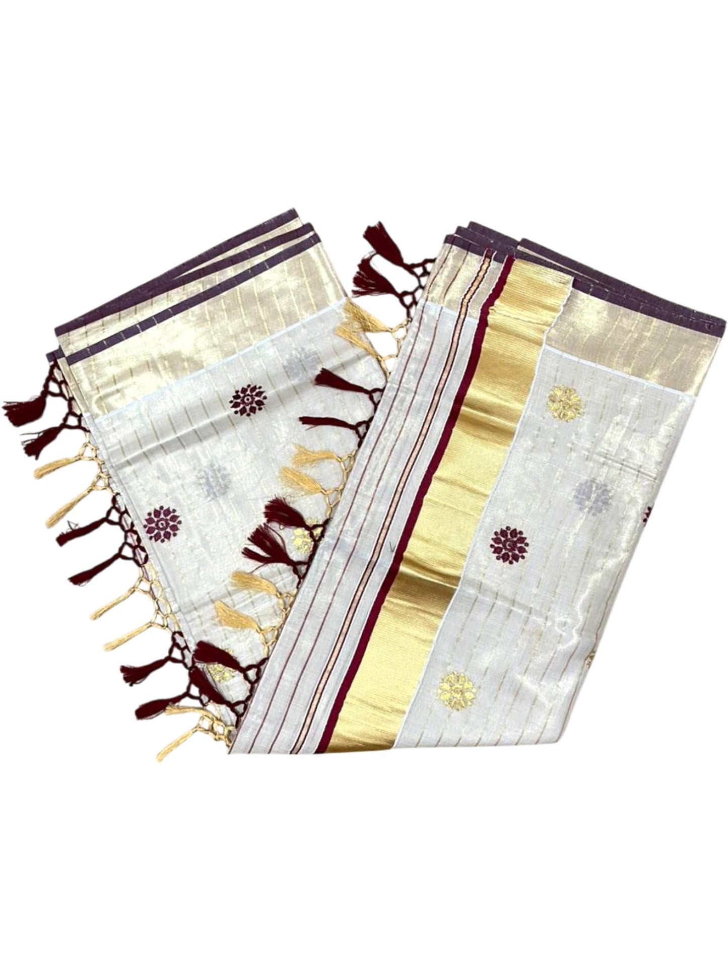 Kerala Tissue Lines Saree With Floral Embroidery Work on The Body In Maroon SL312