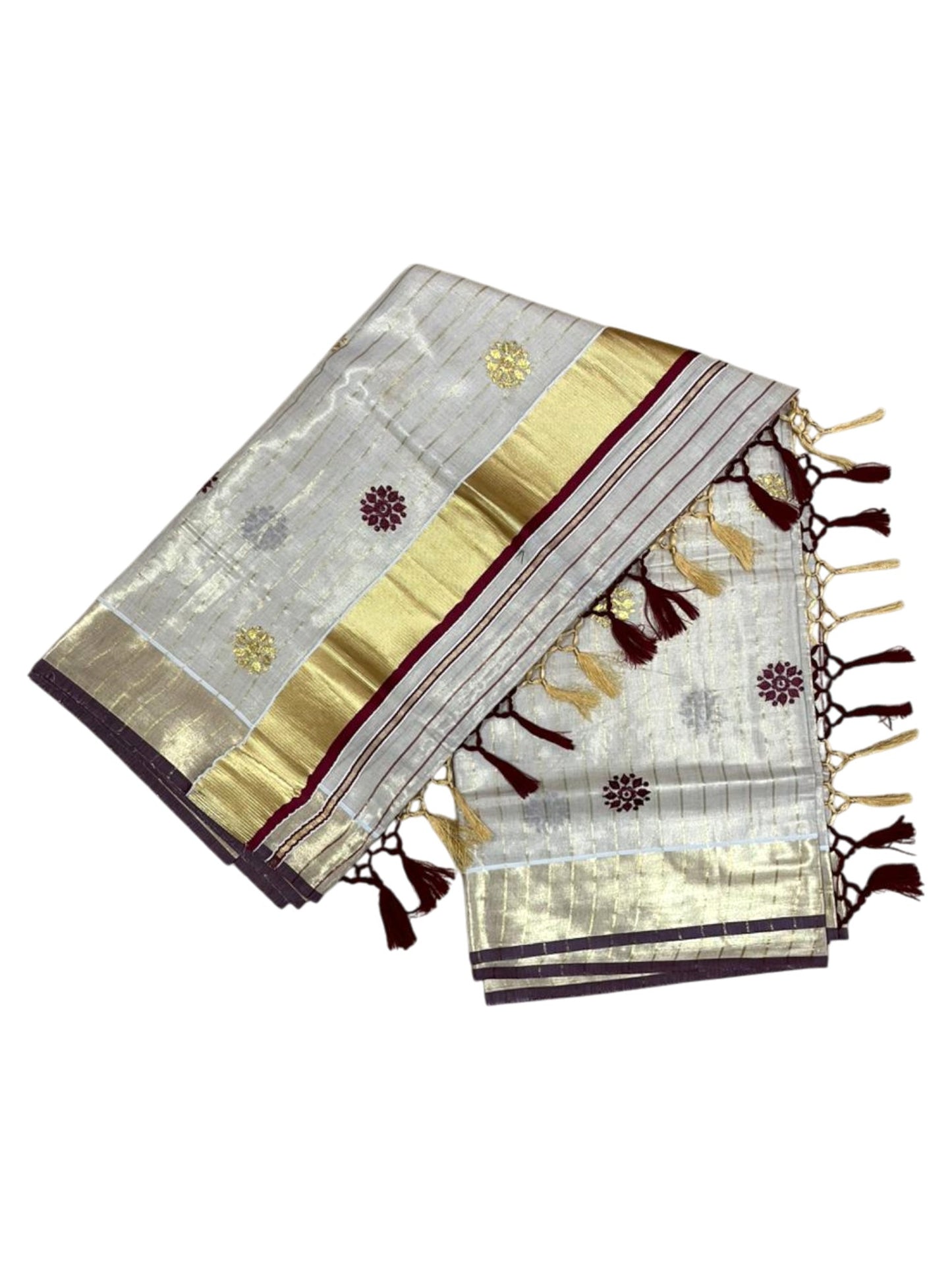 Kerala Tissue Lines Saree With Floral Embroidery Work on The Body In Maroon SL312