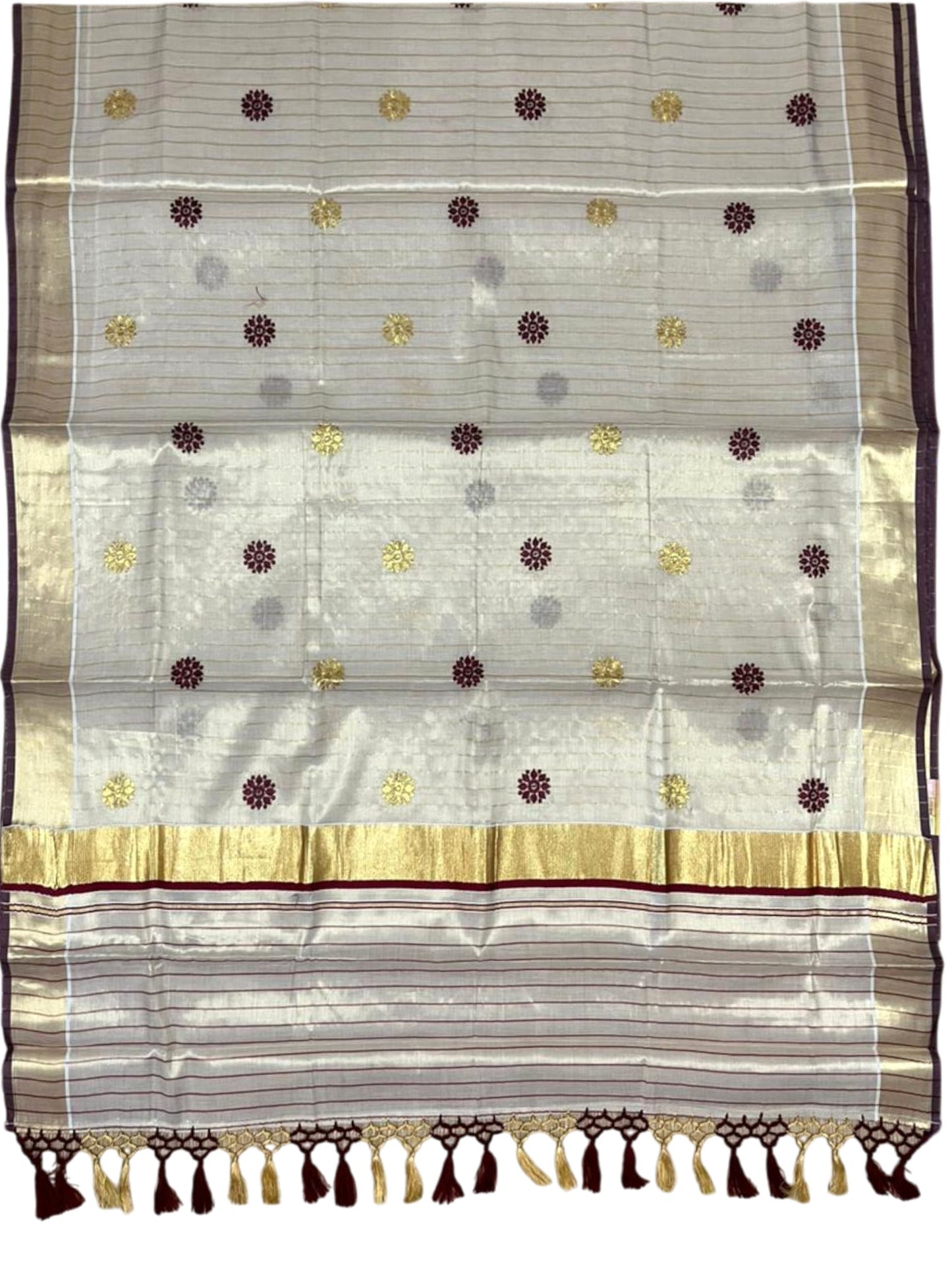 Kerala Tissue Lines Saree With Floral Embroidery Work on The Body In Maroon SL312