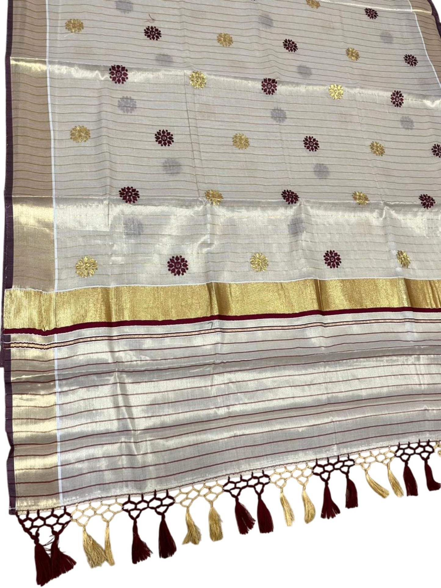 Kerala Tissue Lines Saree With Floral Embroidery Work on The Body In Maroon SL312