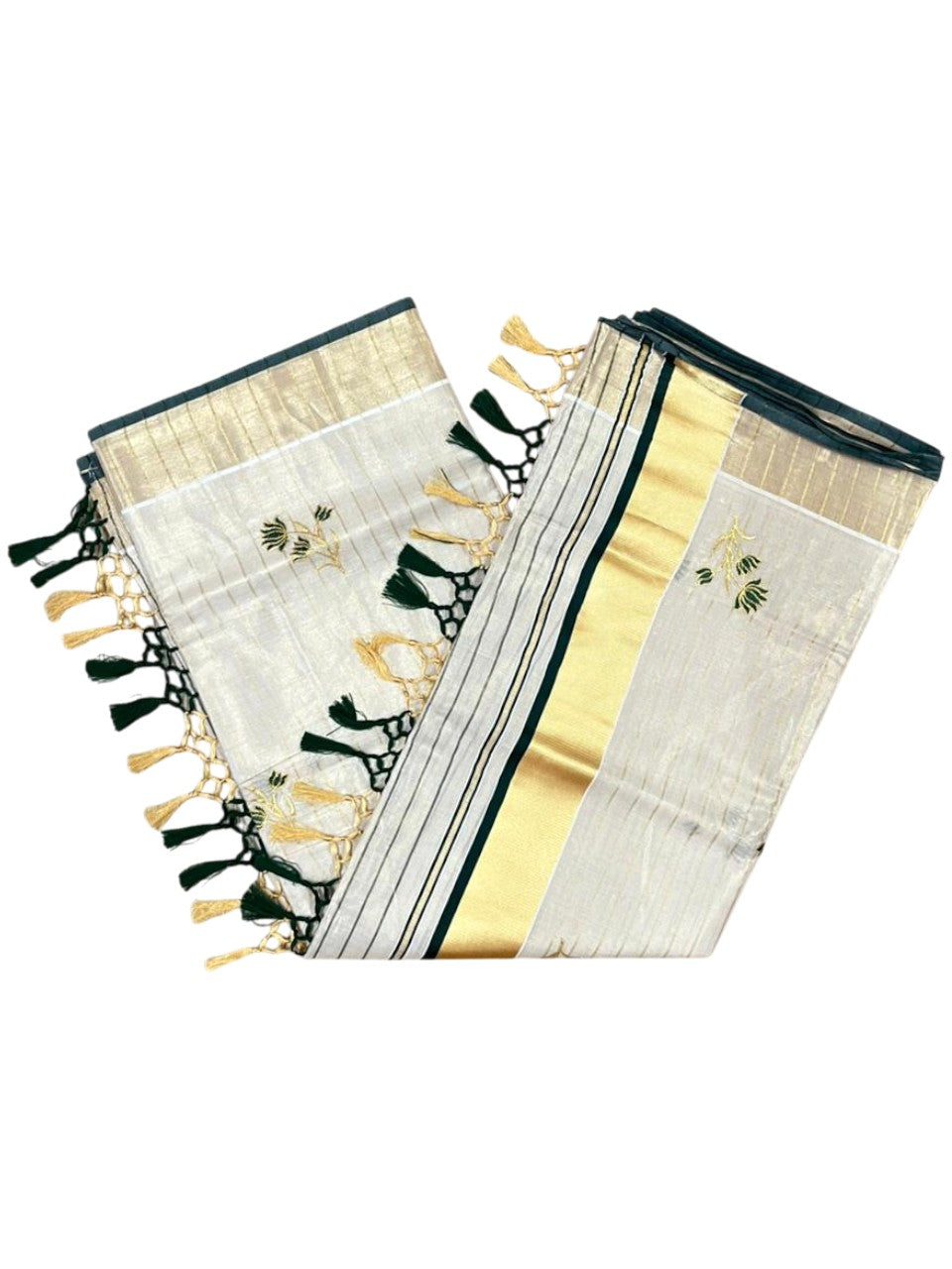 Kerala Tissue Saree With Green Floral Embroidery Design In SL249
