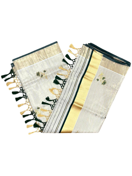 Kerala Tissue Saree With Green Floral Embroidery Design In SL249
